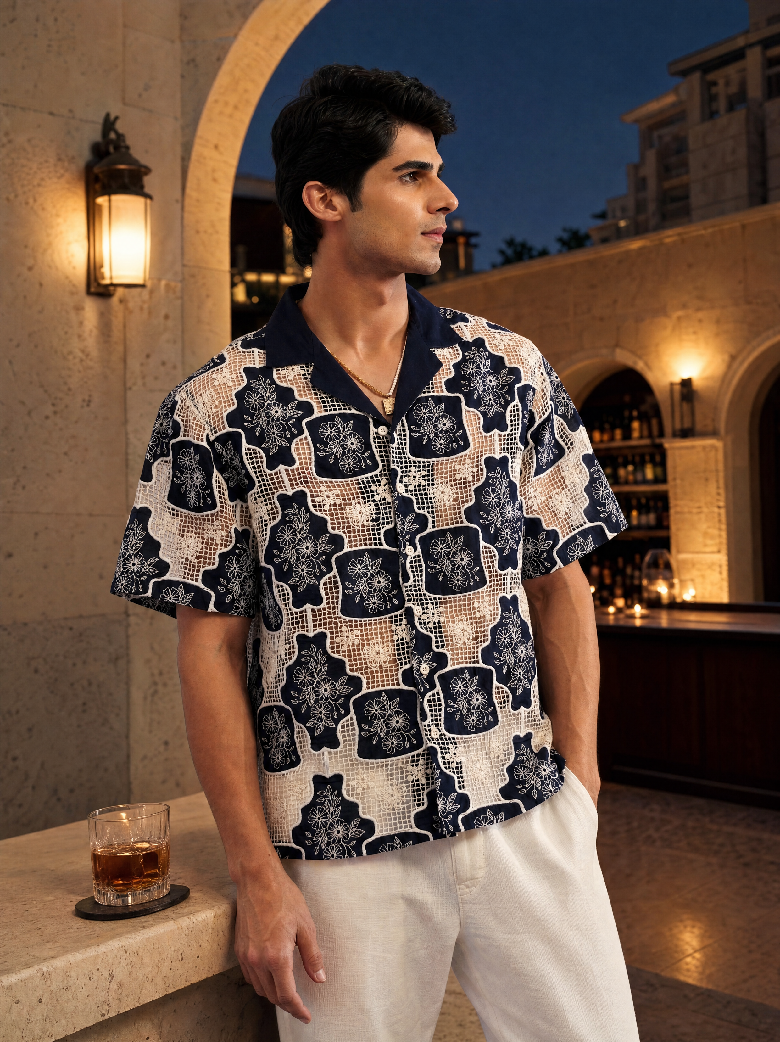 TRELLIS BLOOM COTTON CUTWORK SHIRT - MIDNIGHT NAVY
