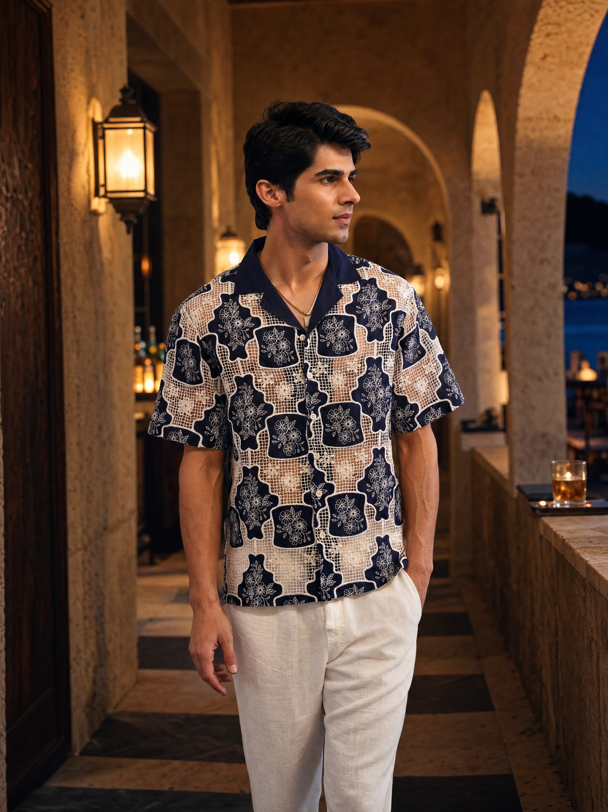 TRELLIS BLOOM COTTON CUTWORK SHIRT - MIDNIGHT NAVY