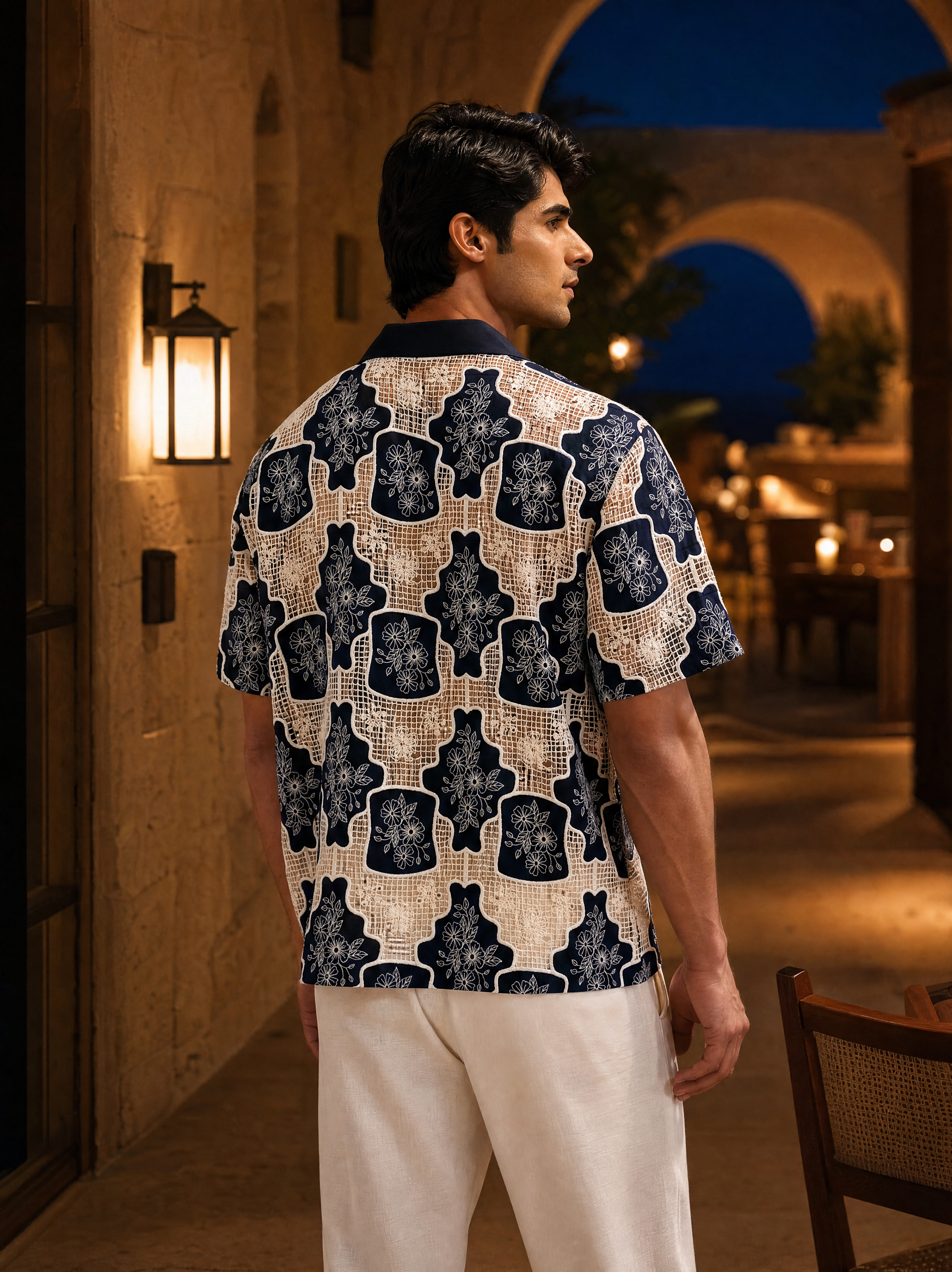 TRELLIS BLOOM COTTON CUTWORK SHIRT - MIDNIGHT NAVY