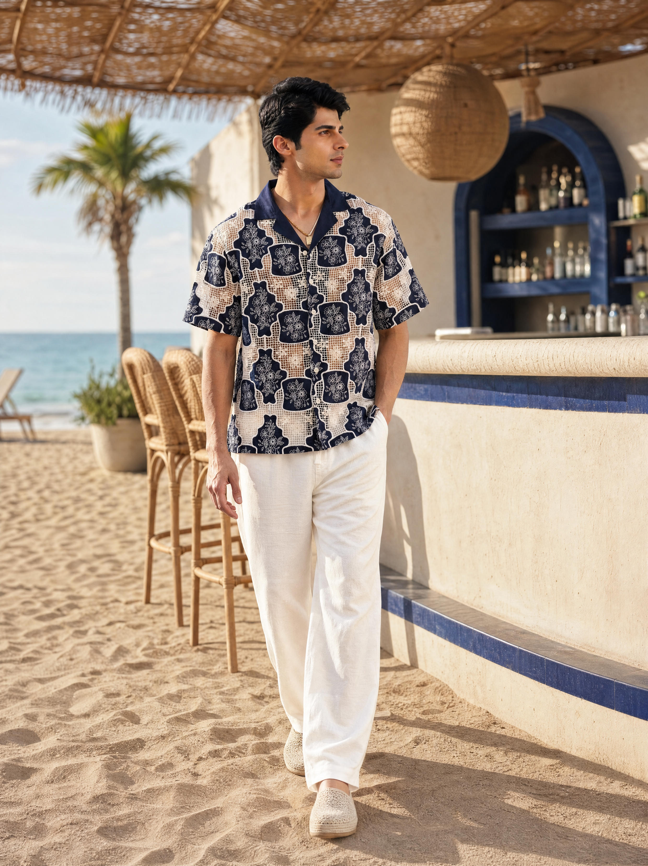 TRELLIS BLOOM COTTON CUTWORK SHIRT - MIDNIGHT NAVY
