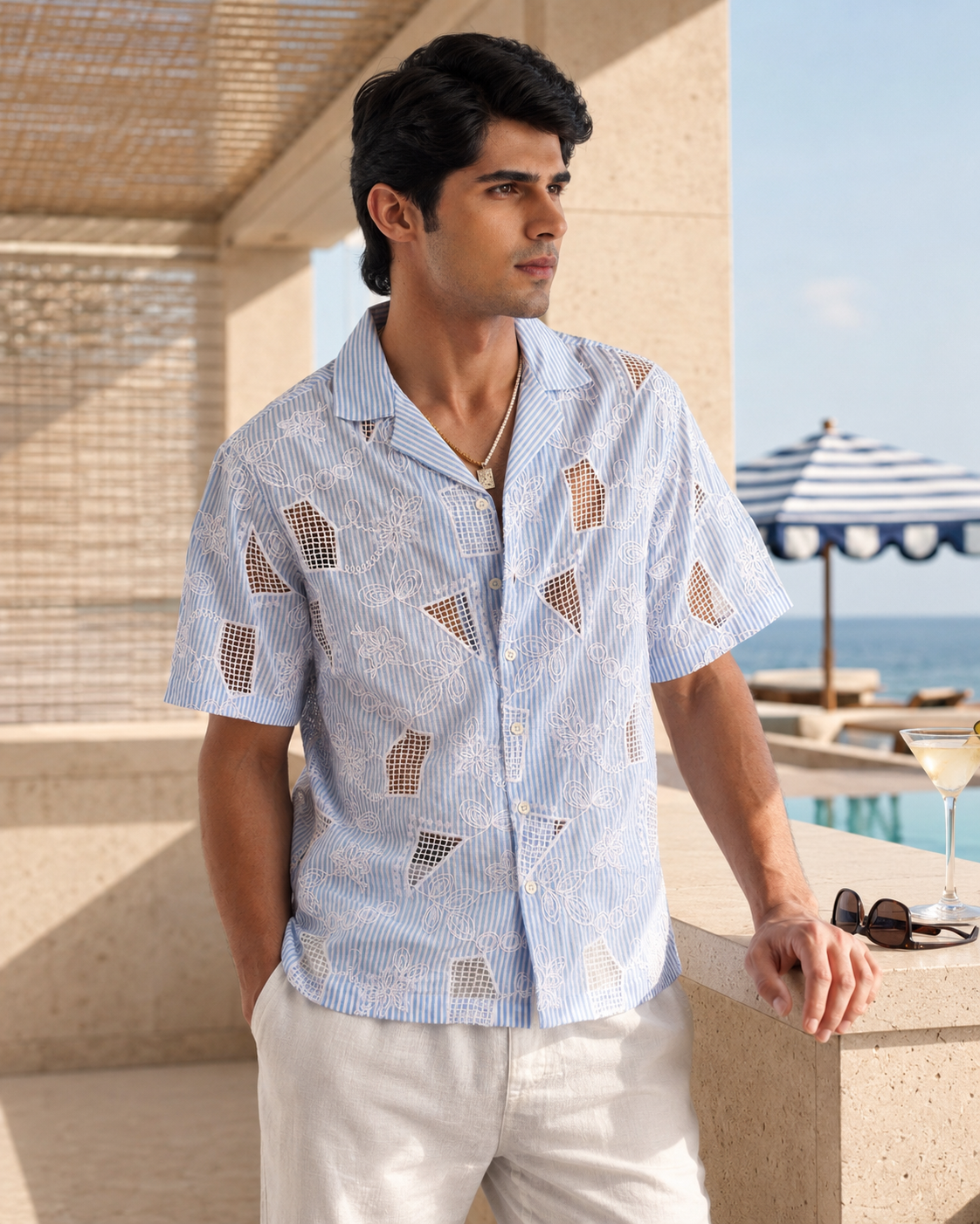 MARINA BLOOM COTTON STRIPE CUTWORK SHIRT - SKY STRIPE/SALT