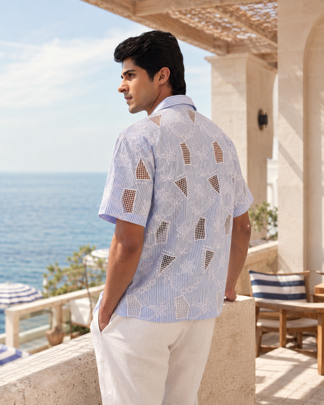 MARINA BLOOM COTTON STRIPE CUTWORK SHIRT - SKY STRIPE/SALT