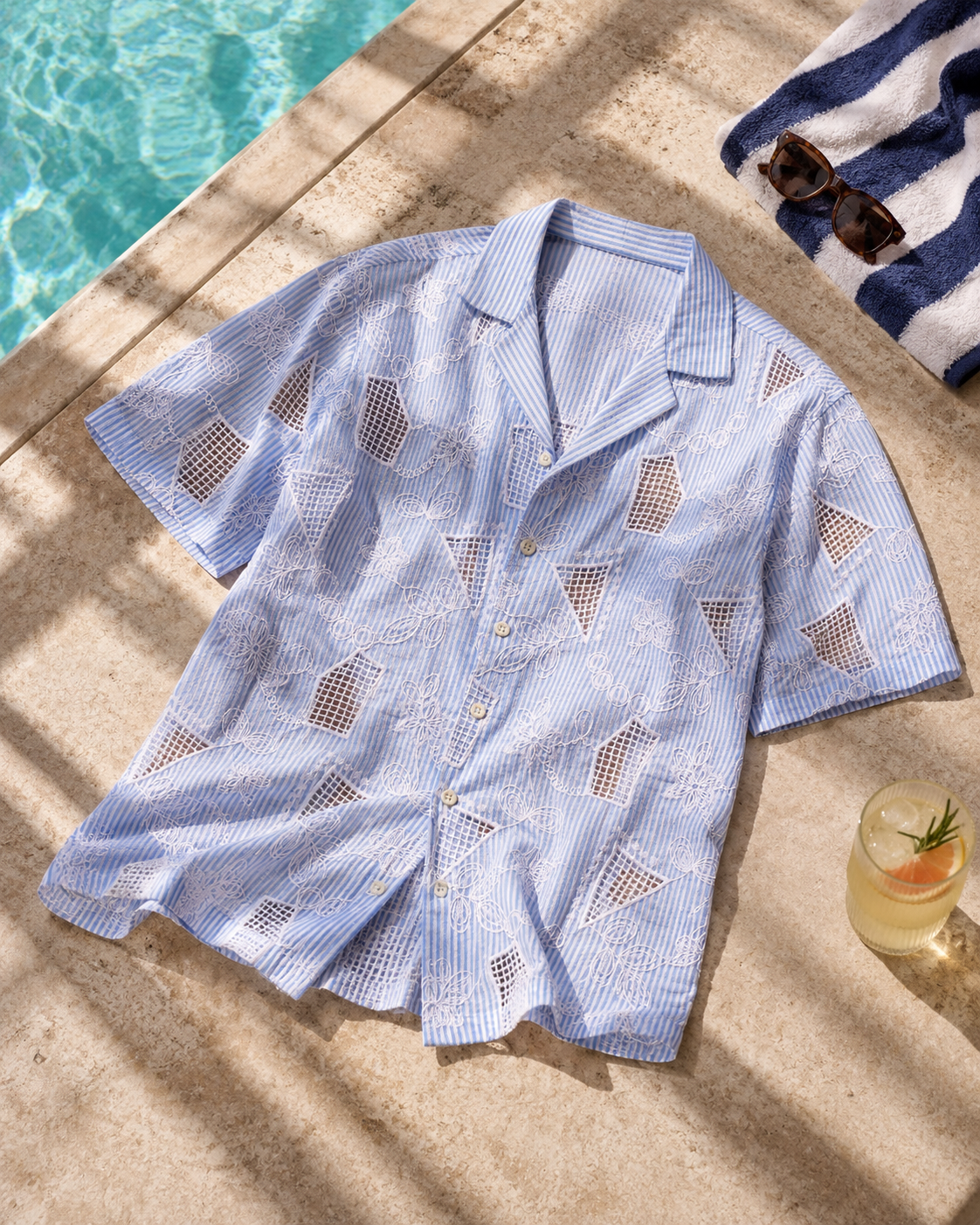 MARINA BLOOM COTTON STRIPE CUTWORK SHIRT - SKY STRIPE/SALT