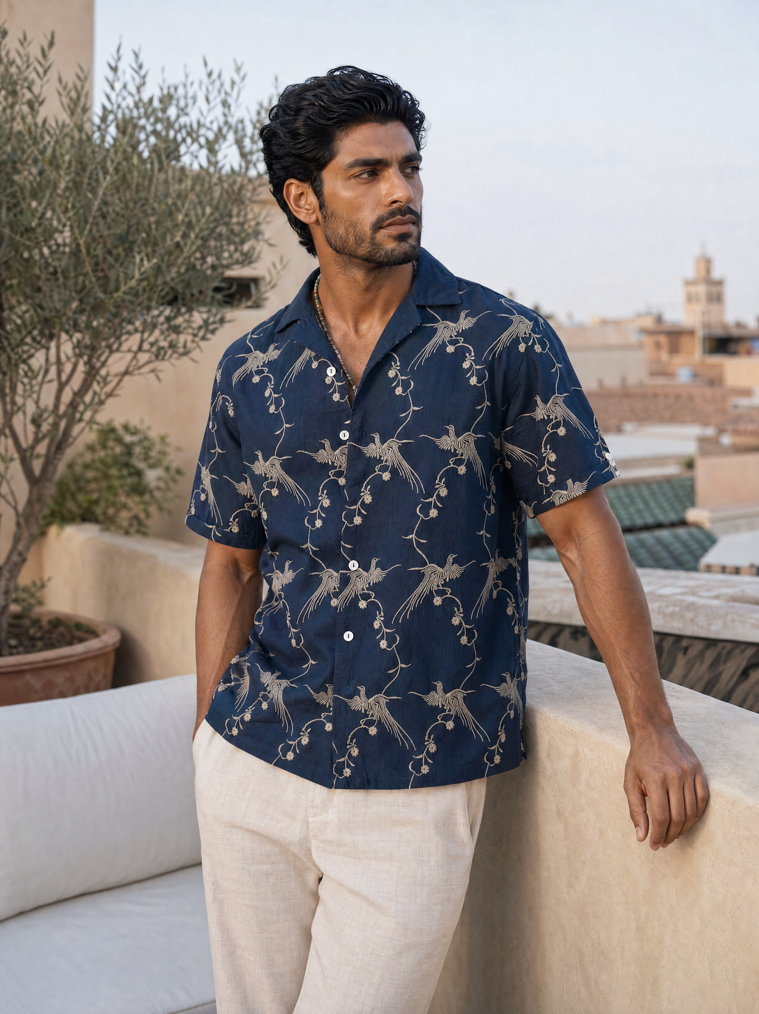 Plume & Bloom Cotton Linen Shirt (Navy Blue With Ivory Embroidery)
