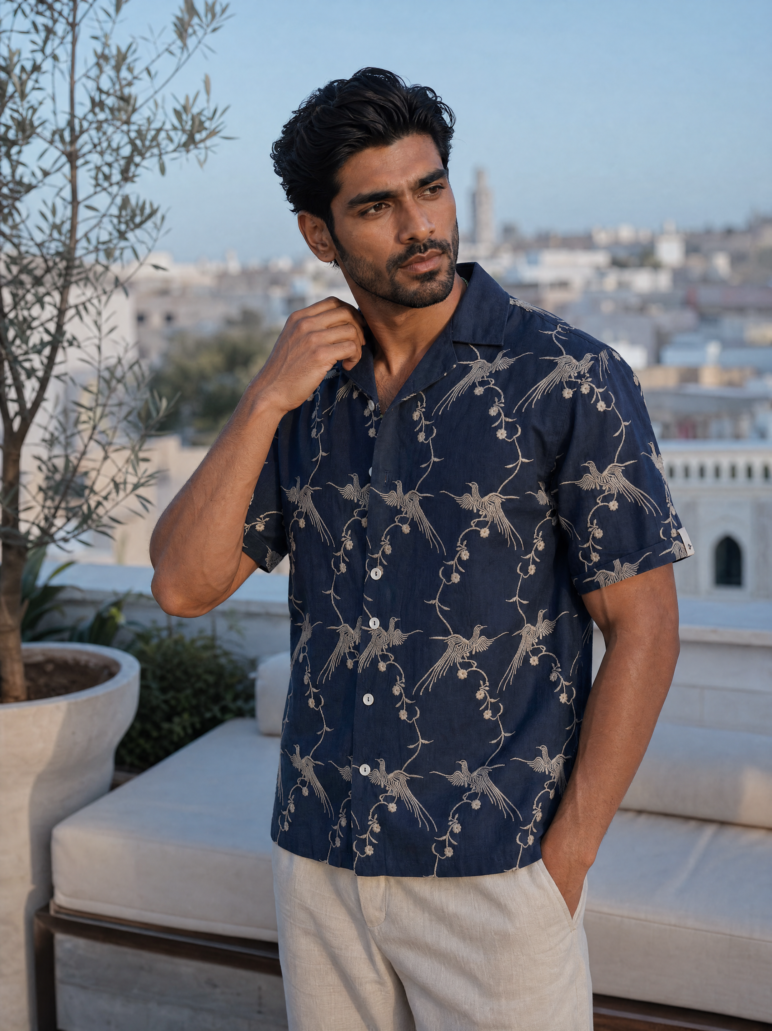 Plume & Bloom Cotton Linen Shirt (Navy Blue With Ivory Embroidery)