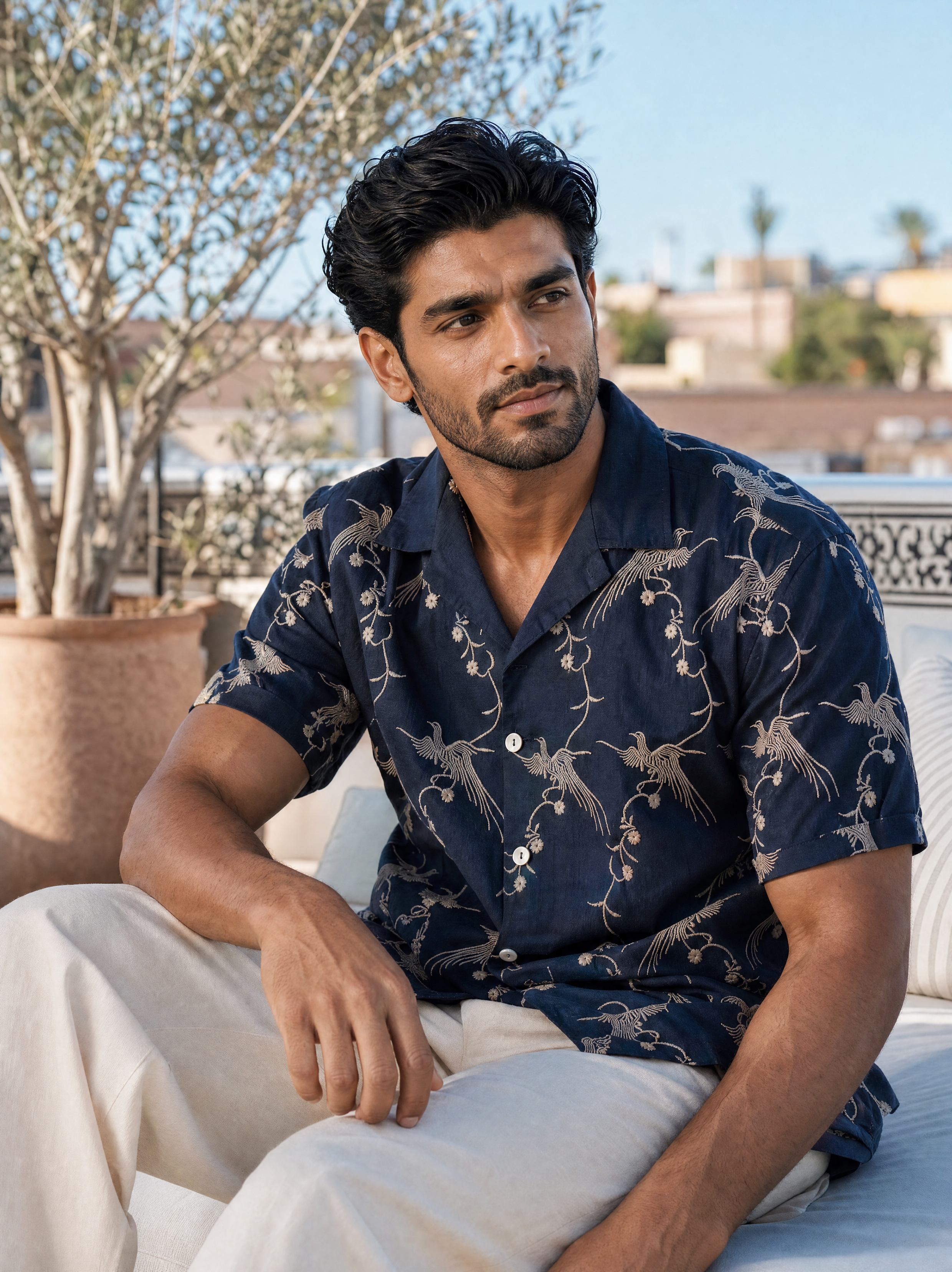 Plume & Bloom Cotton Linen Shirt (Navy Blue With Ivory Embroidery)