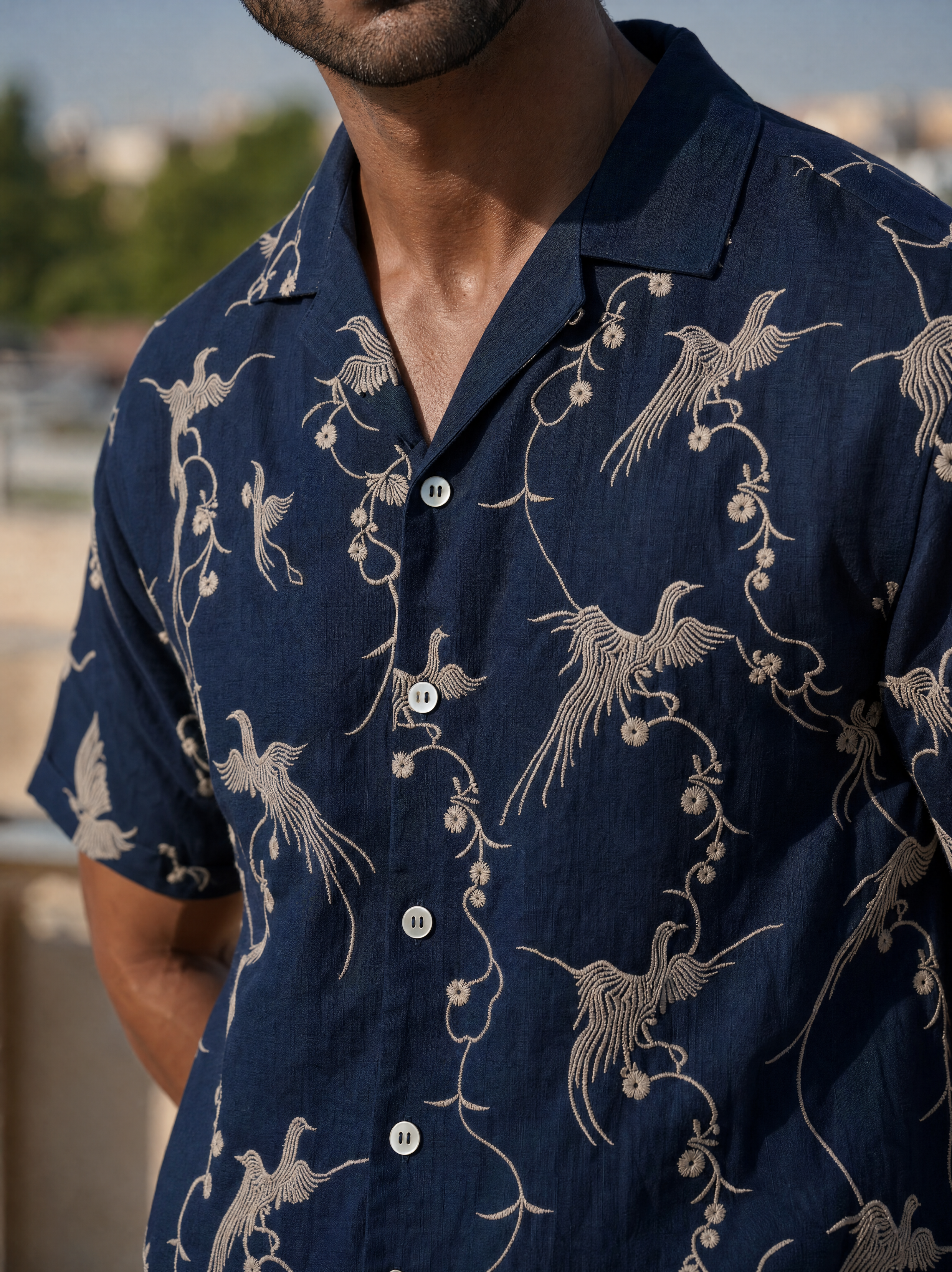 Plume & Bloom Cotton Linen Shirt (Navy Blue With Ivory Embroidery)