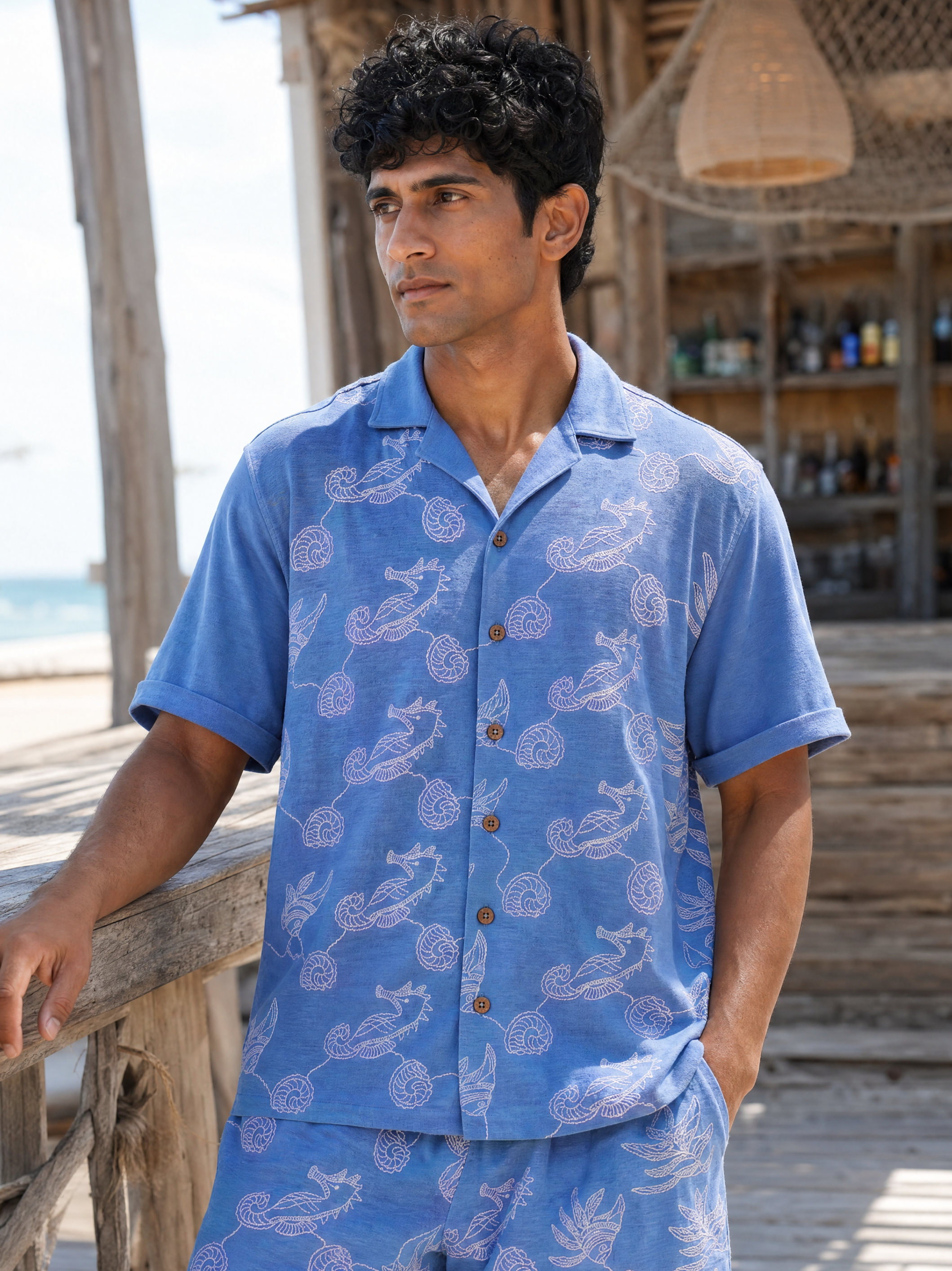 Tidal Tales Cotton Slub Knit Shirt (Ocean Blue)