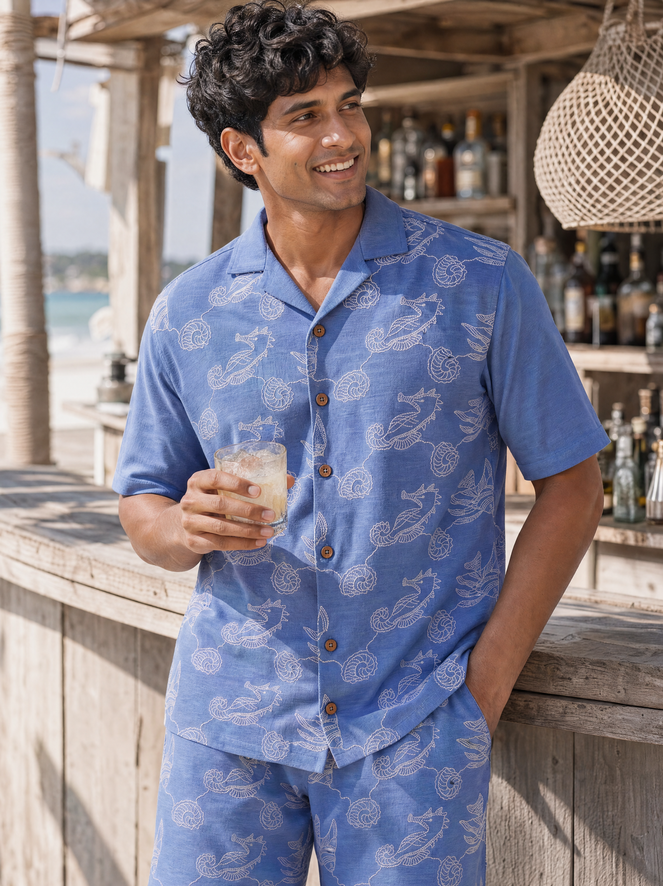 Tidal Tales Cotton Slub Knit Shirt (Ocean Blue)