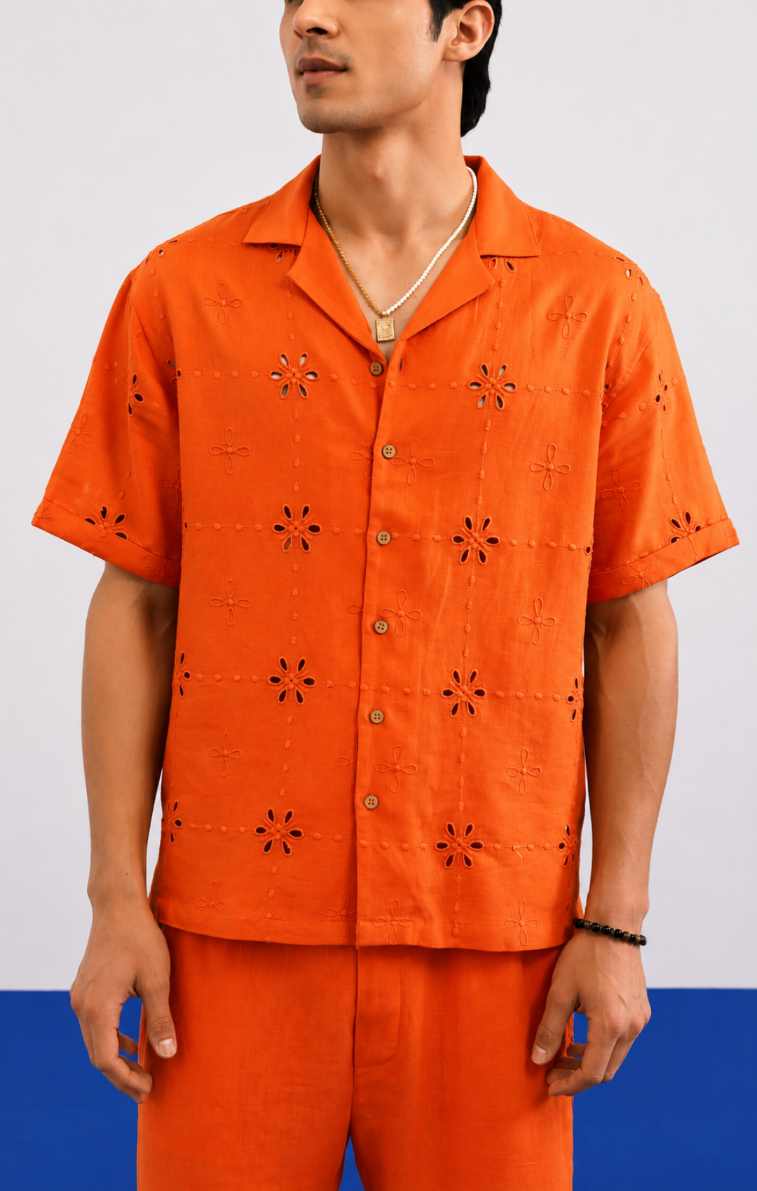 TANGERINE EYELET VISCOSE LINEN PJ CO-ORD SET - TANGERINE ORANGE