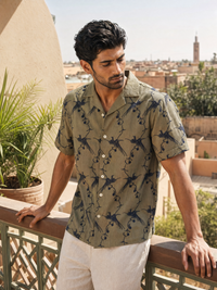 Plume & Bloom Cotton Linen Shirt (Olive Green with Navy Embroidery)