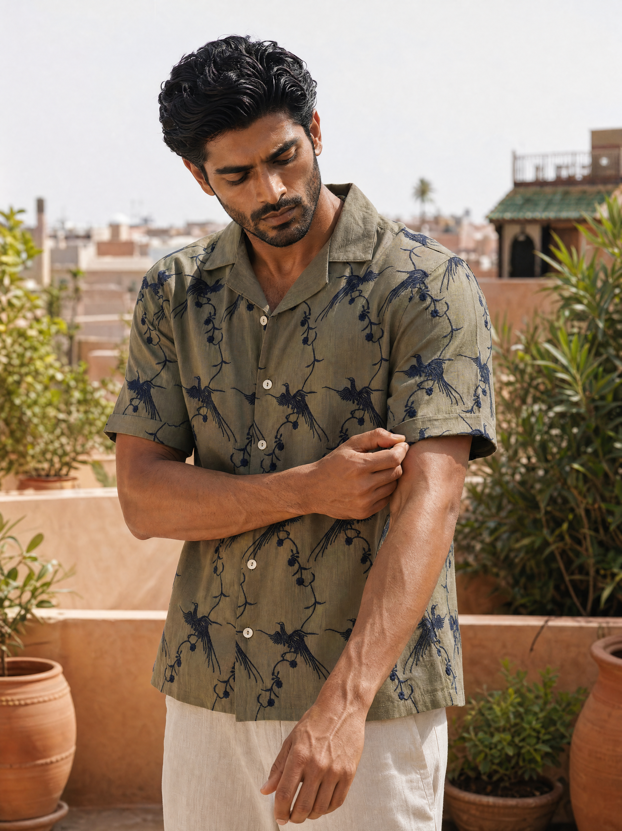Plume & Bloom Cotton Linen Shirt (Olive Green with Navy Embroidery)
