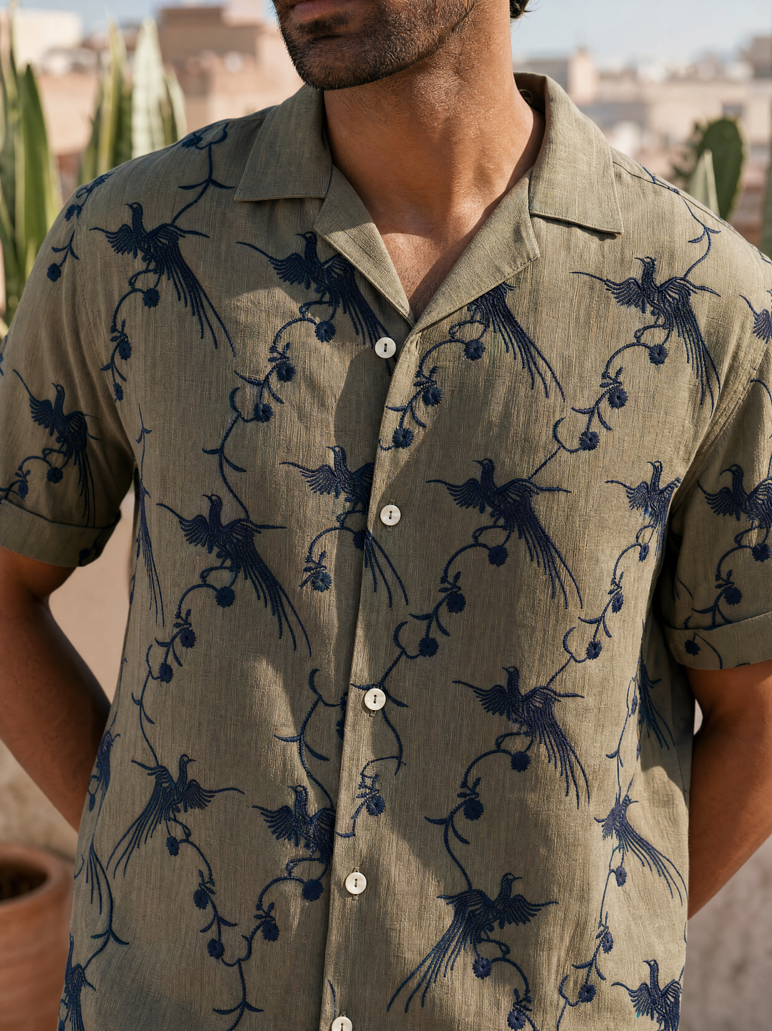 Plume & Bloom Cotton Linen Shirt (Olive Green with Navy Embroidery)