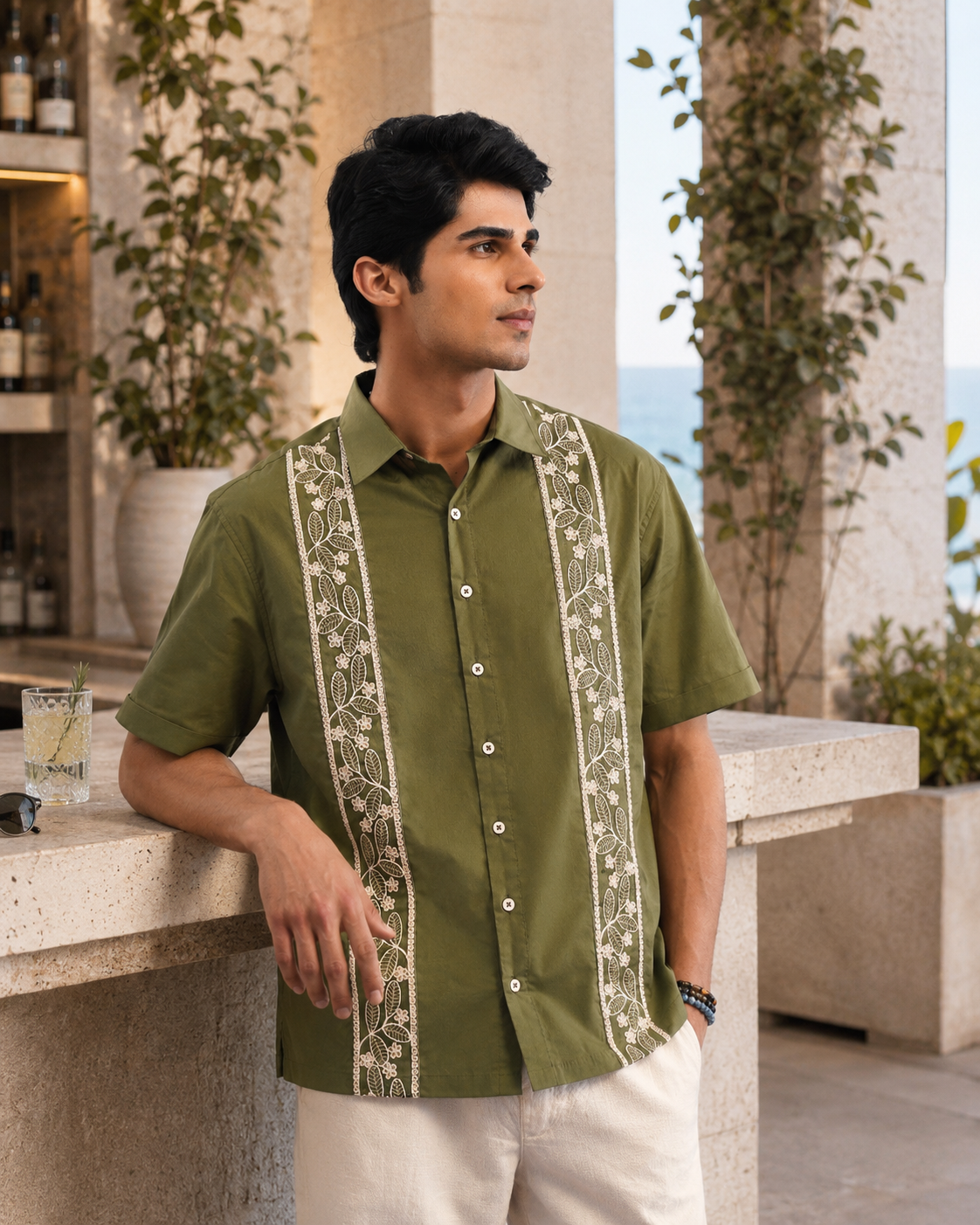 BOTANICAL TRAIL COTTON SHIRT - OLIVE GREEN
