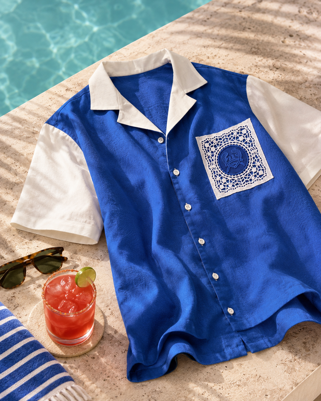 PORTSIDE GUIPURE PATCH SHIRT - POLYNESIAN BLUE/SALT