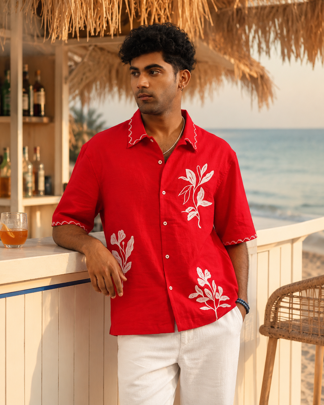COVE VINE LINEN SHIRT - POPPY RED