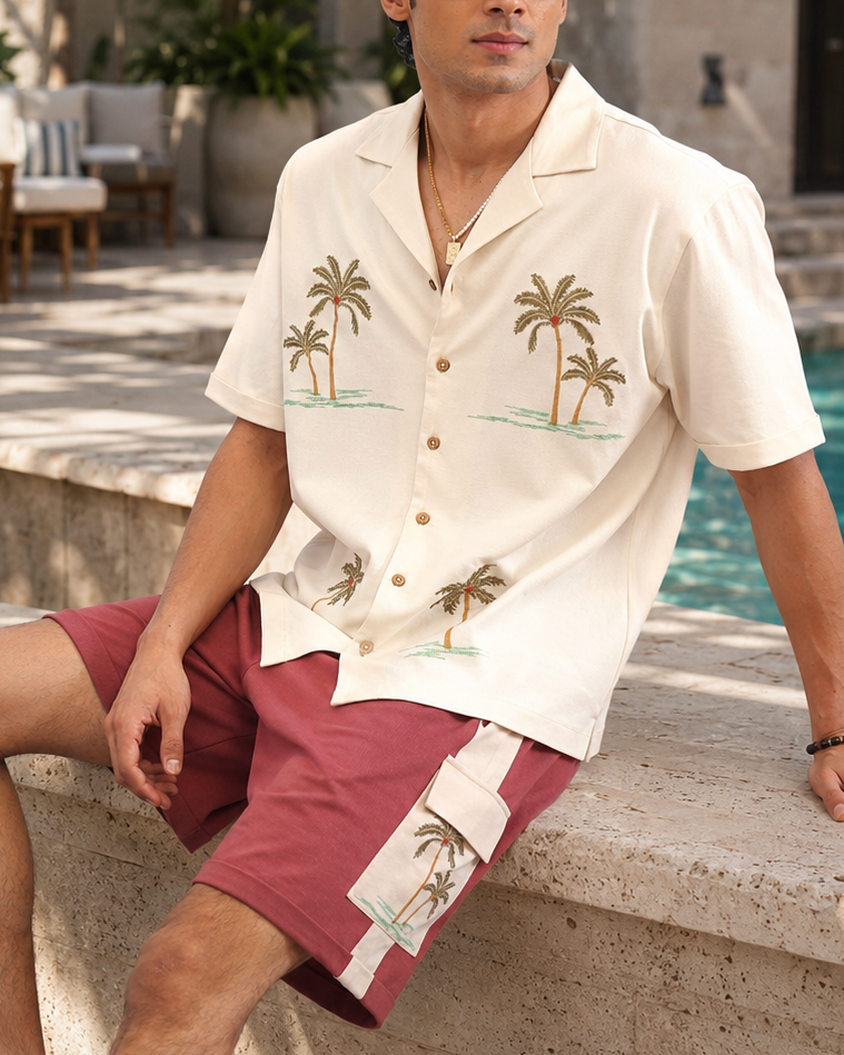 PALM GROVE COTTON KNIT SHORTS - CREAMY CLOUD/APPLE BUTTER
