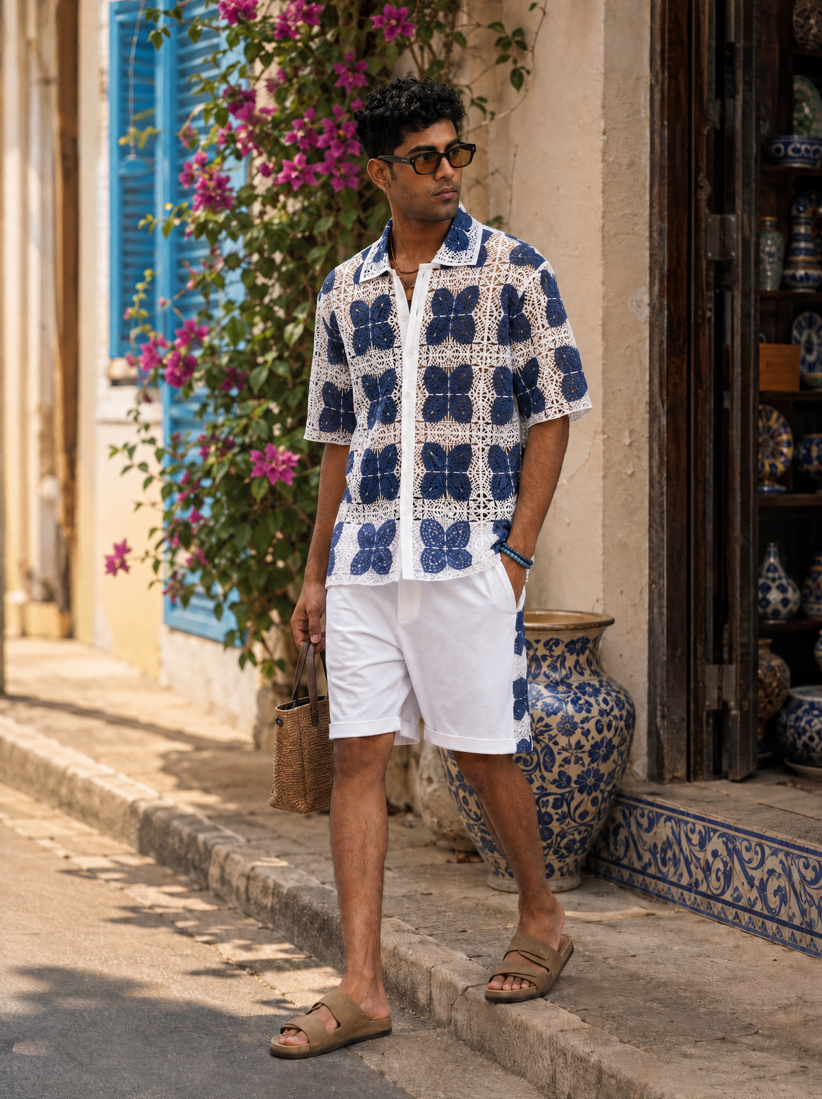 RIVIERA GUIPURE SHIRT CO-ORD SET - PORCELAIN NAVY