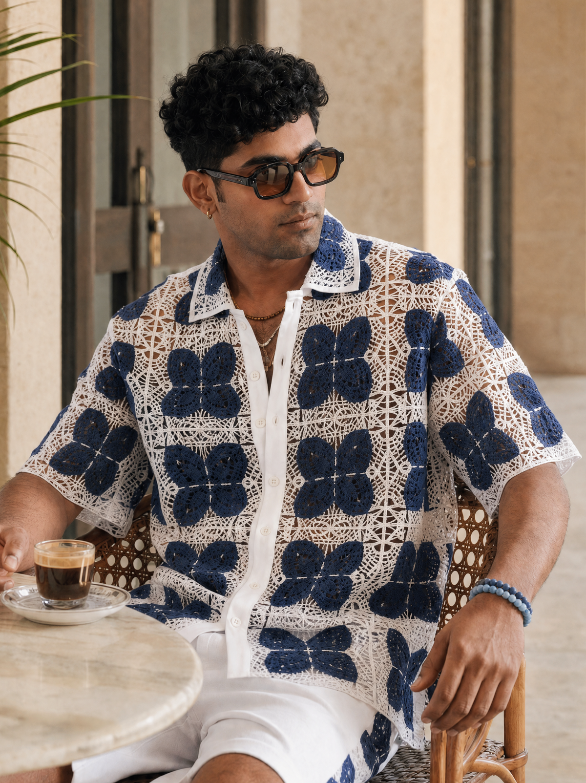 RIVIERA GUIPURE SHIRT - PORCELAIN NAVY
