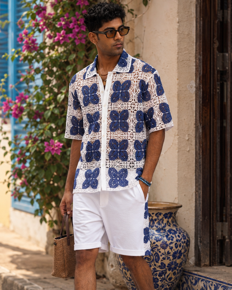 RIVIERA GUIPURE SHIRT - PORCELAIN NAVY