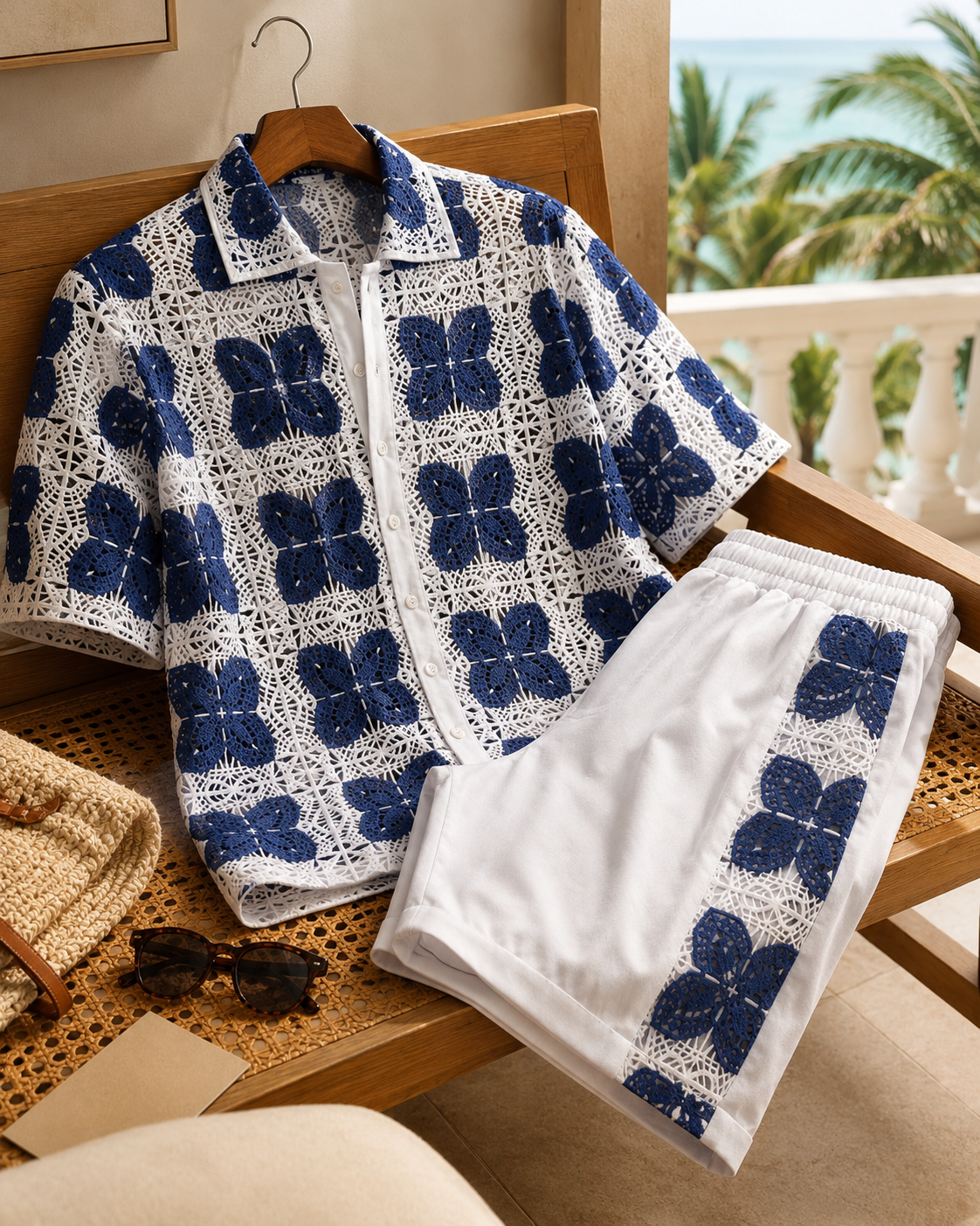RIVIERA GUIPURE SHIRT CO-ORD SET - PORCELAIN NAVY