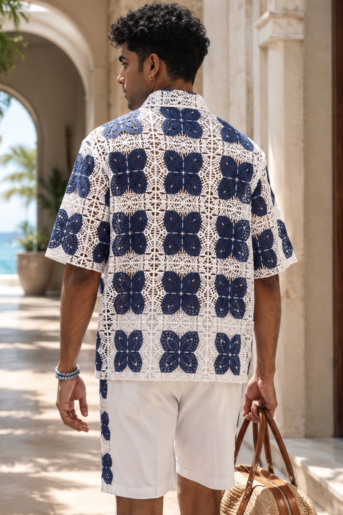 RIVIERA GUIPURE SHIRT - PORCELAIN NAVY