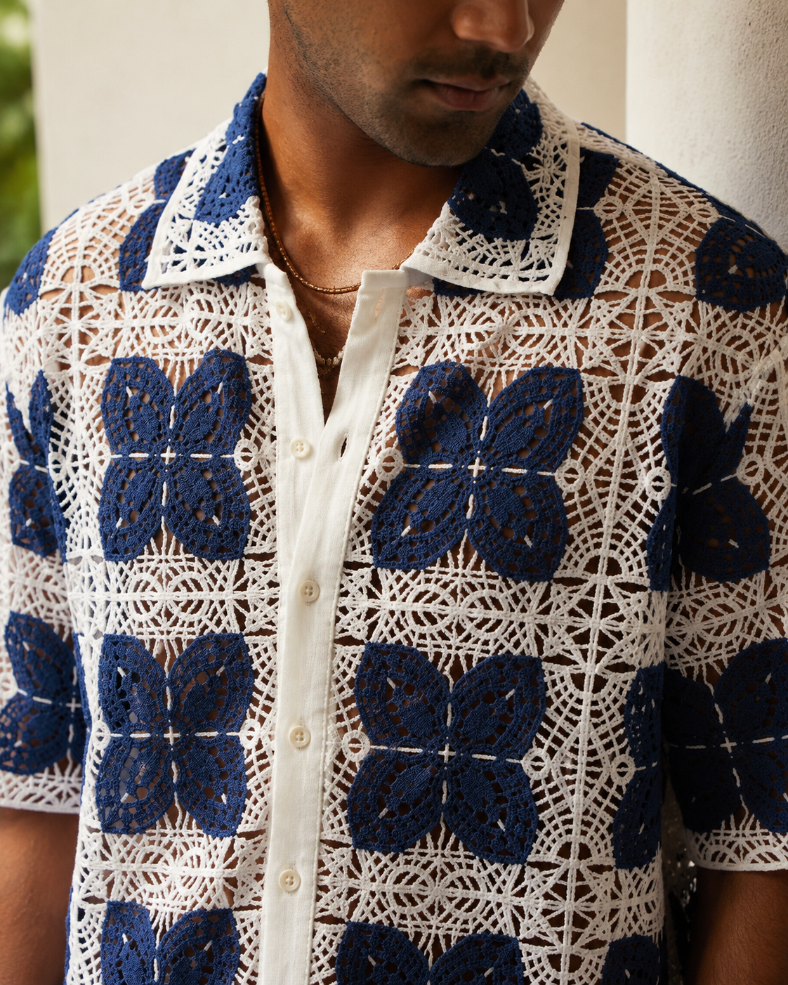 RIVIERA GUIPURE SHIRT - PORCELAIN NAVY