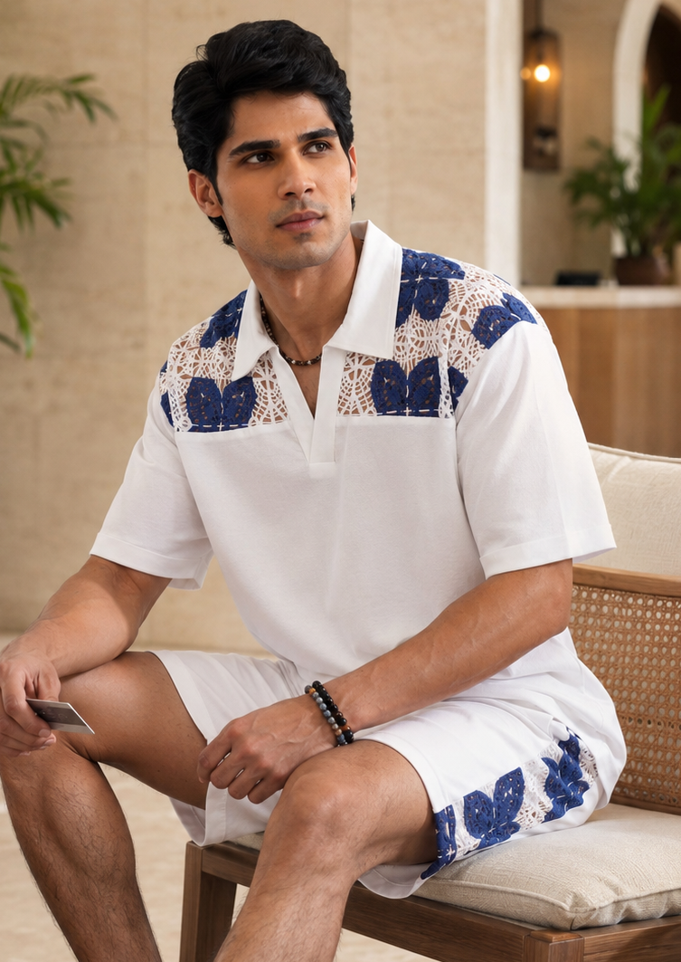 RIVIERA GUIPURE COTTON KNIT T-SHIRT - PORCELAIN NAVY