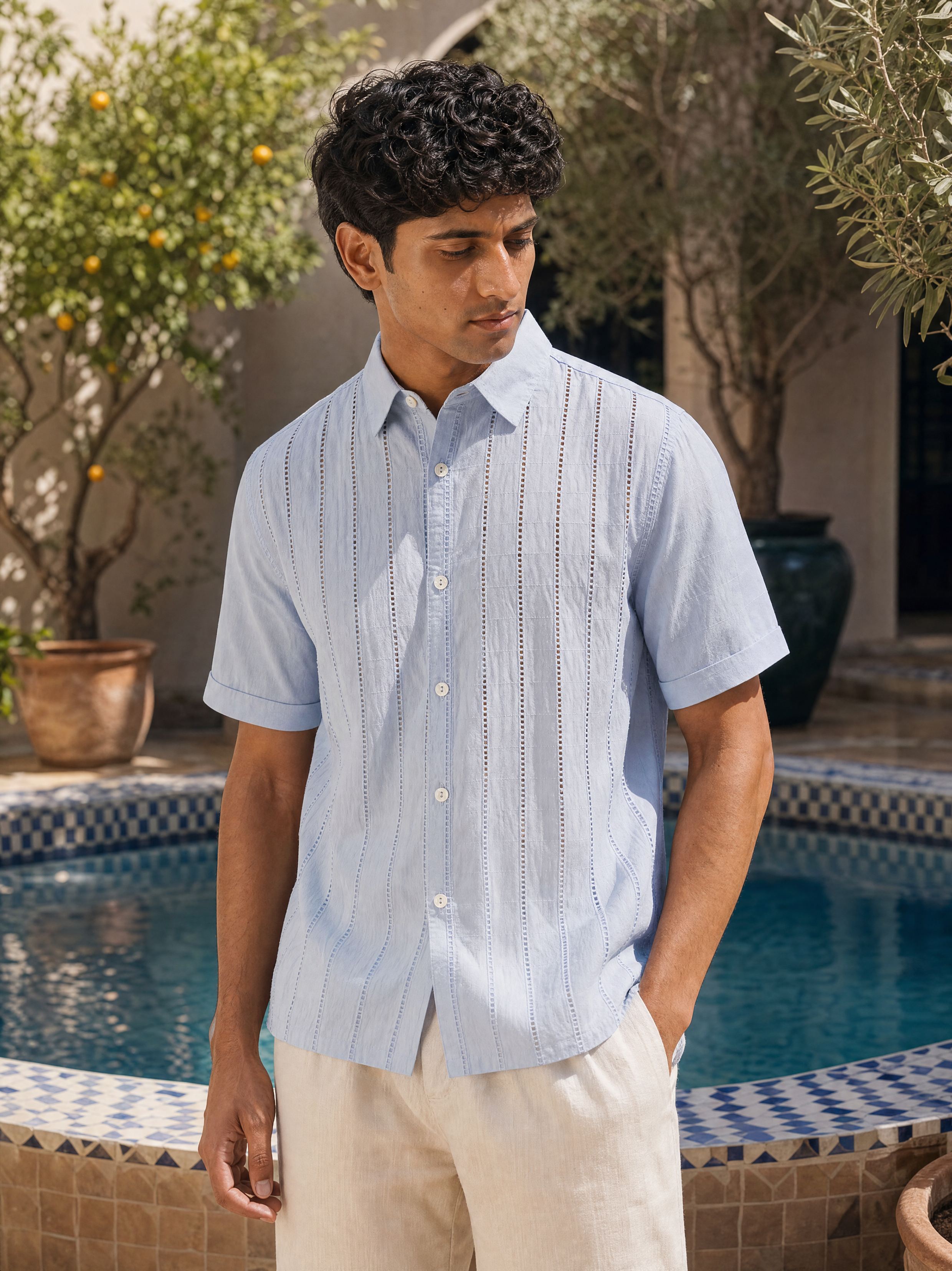 Step & Stripe 100 % Cotton Shirt (Sky Blue)