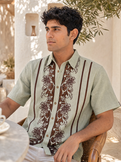 Twin Vines Cotton Linen Shirt (Sage Green)