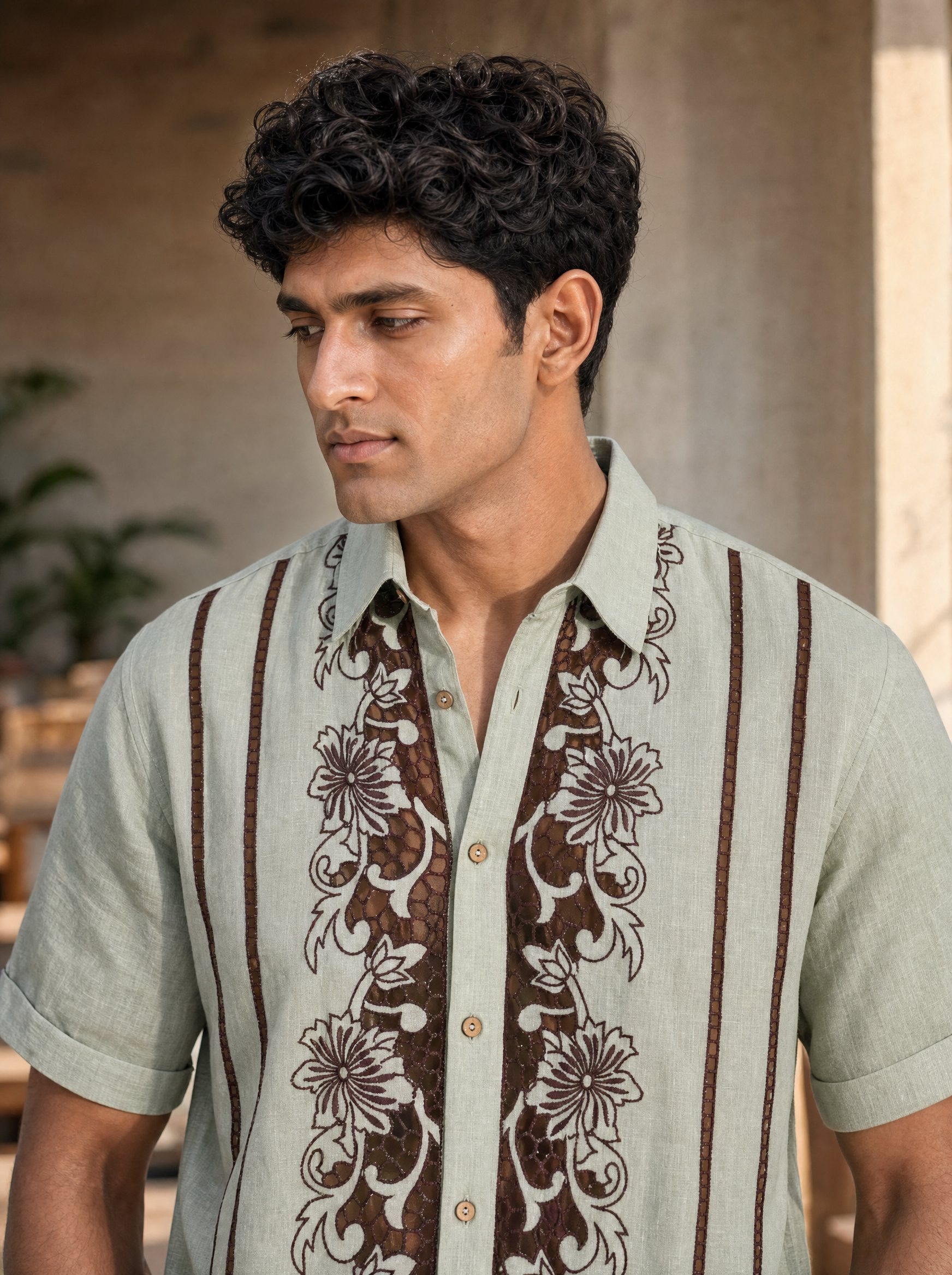 Twin Vines Cotton Linen Shirt (Sage Green)