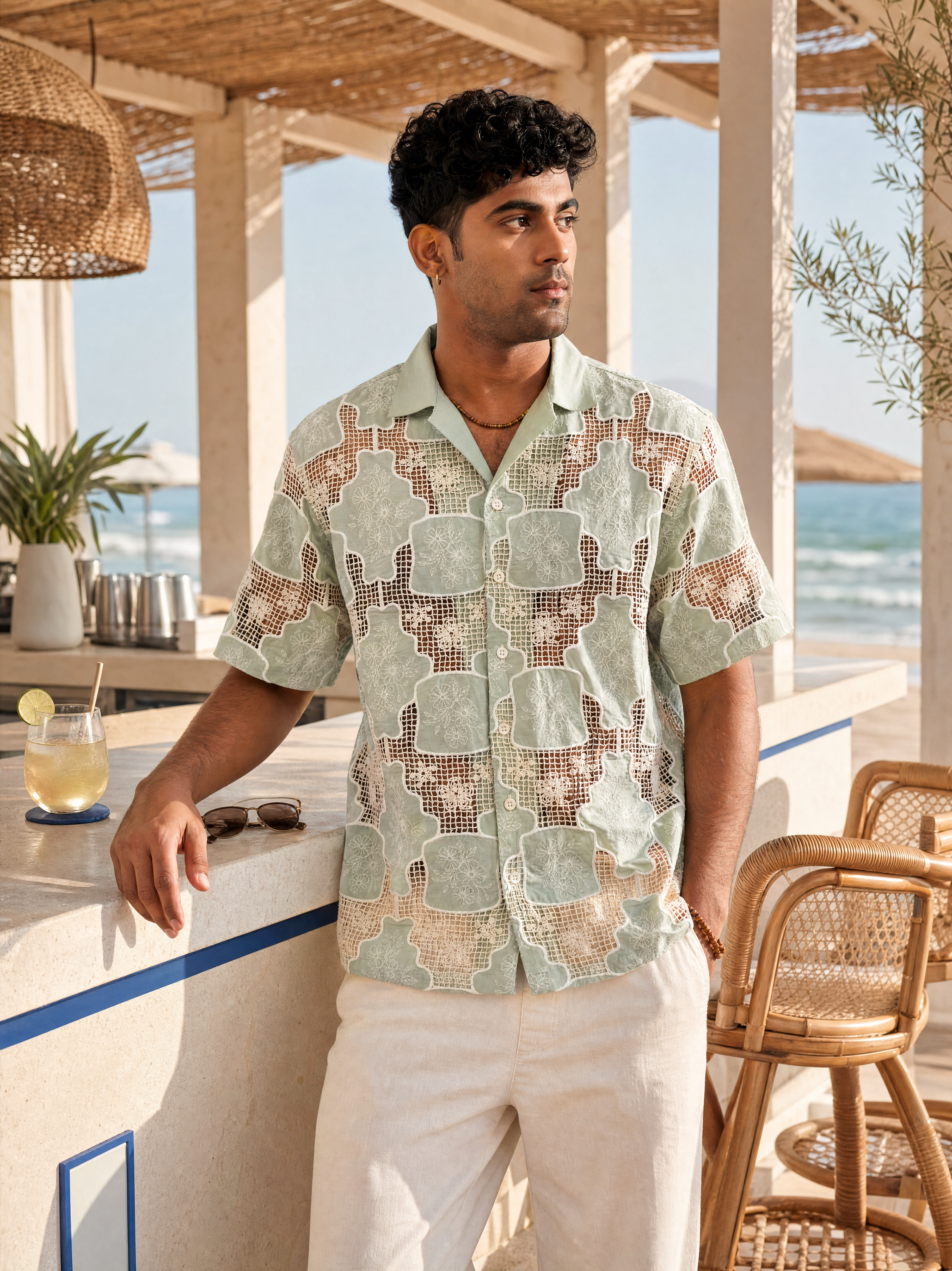TRELLIS BLOOM COTTON CUTWORK SHIRT - SEA SAGE
