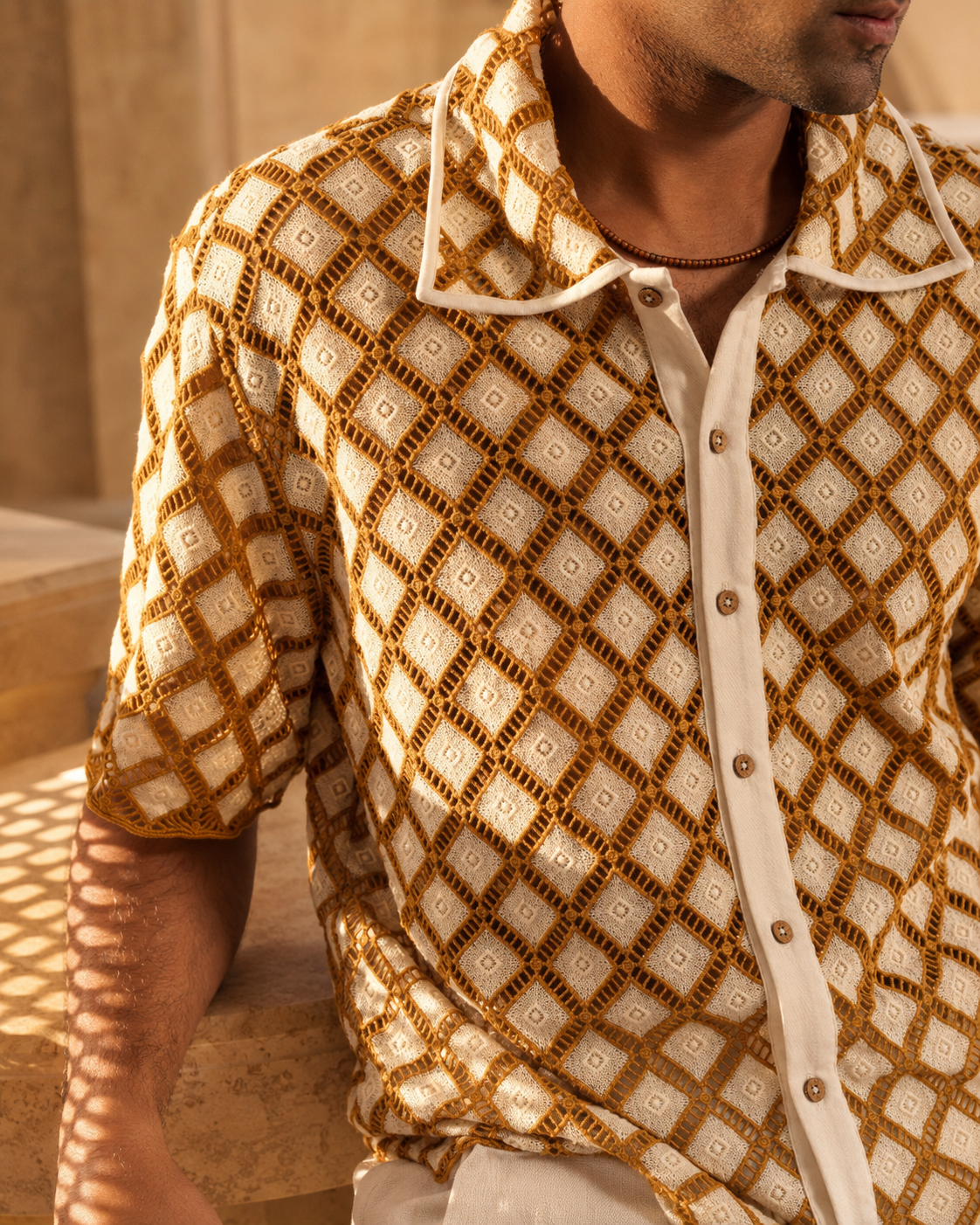 SOLANA LATTICE GUIPURE SHIRT - DUNE GOLD