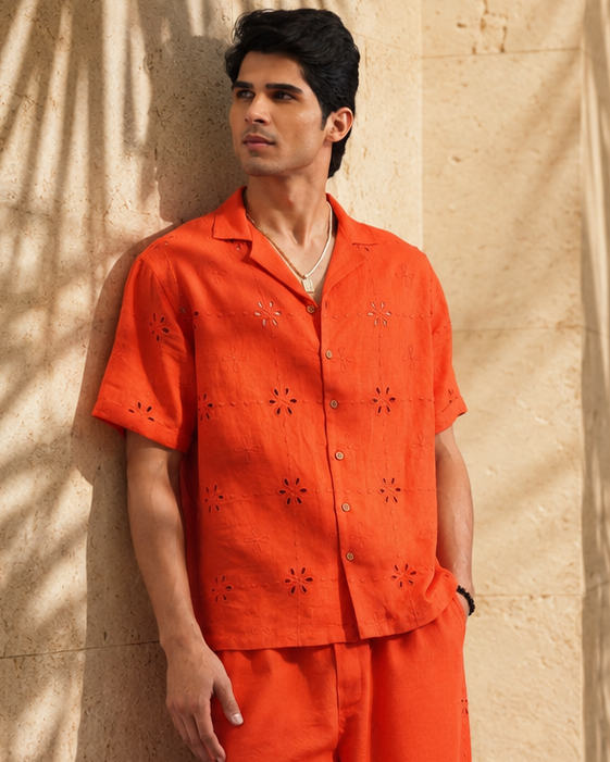 TANGERINE EYELET VISCOSE LINEN SHIRT - TANGERINE ORANGE