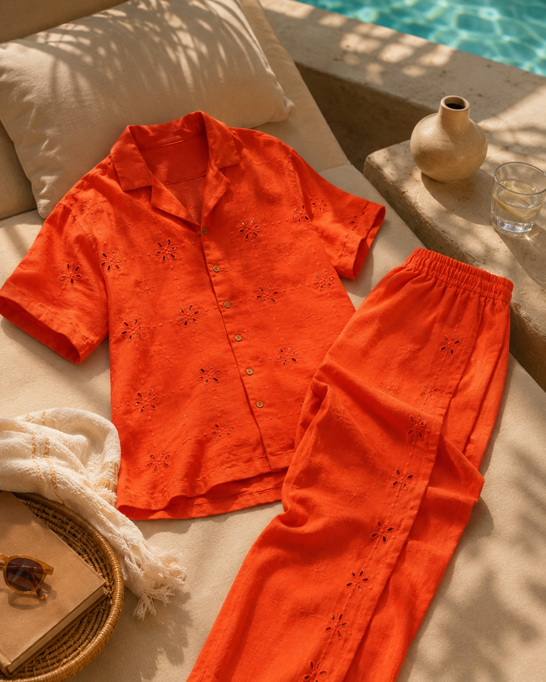 TANGERINE EYELET VISCOSE LINEN SHIRT - TANGERINE ORANGE