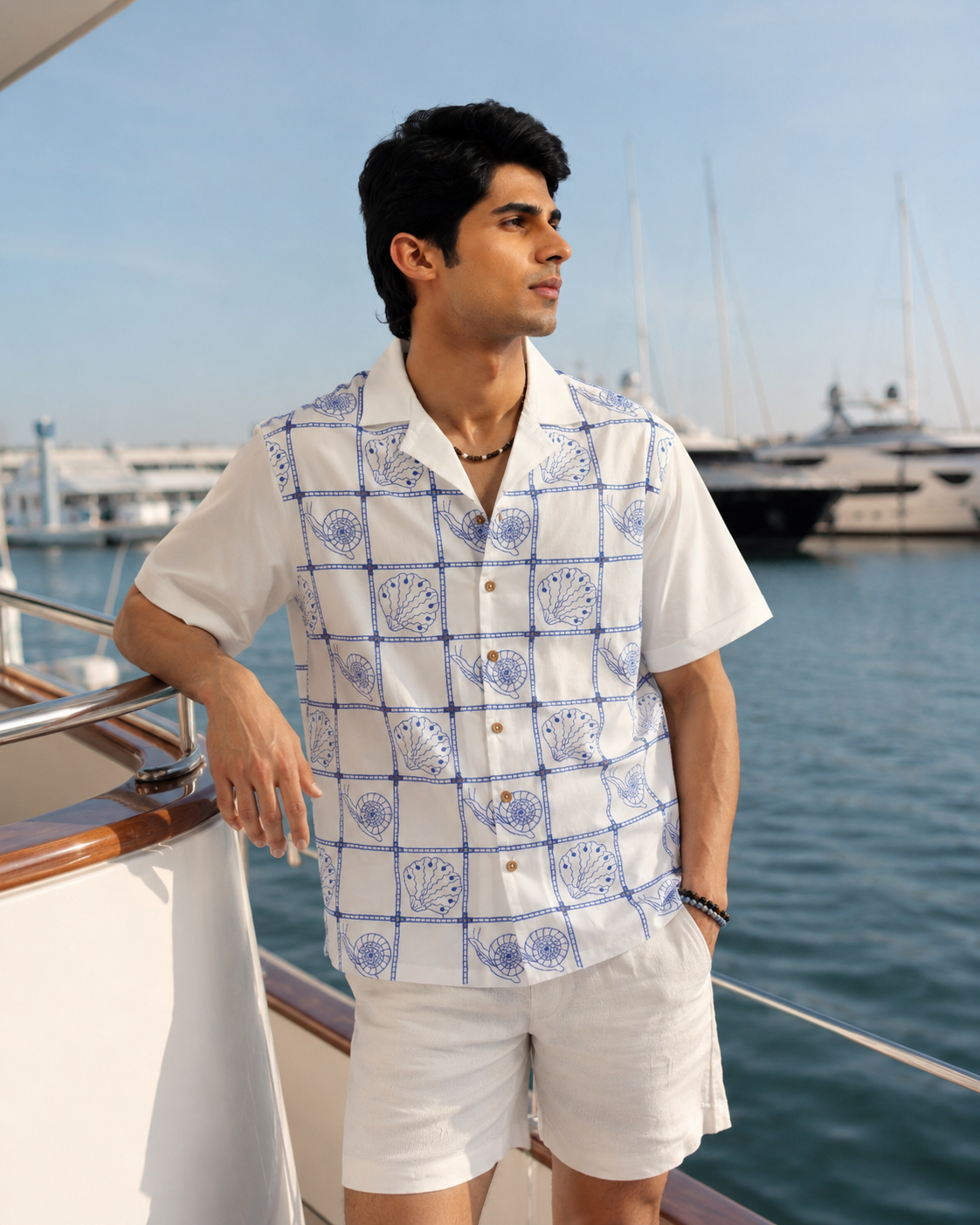 TIDE TILE COTTON SHIRT - SALT/COBALT BLUE