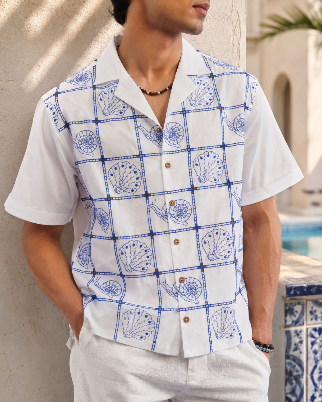TIDE TILE COTTON SHIRT - SALT/COBALT BLUE