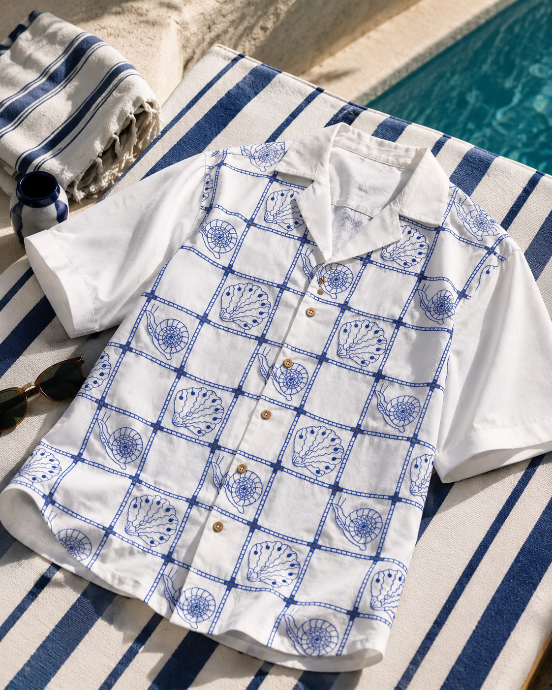 TIDE TILE COTTON SHIRT - SALT/COBALT BLUE