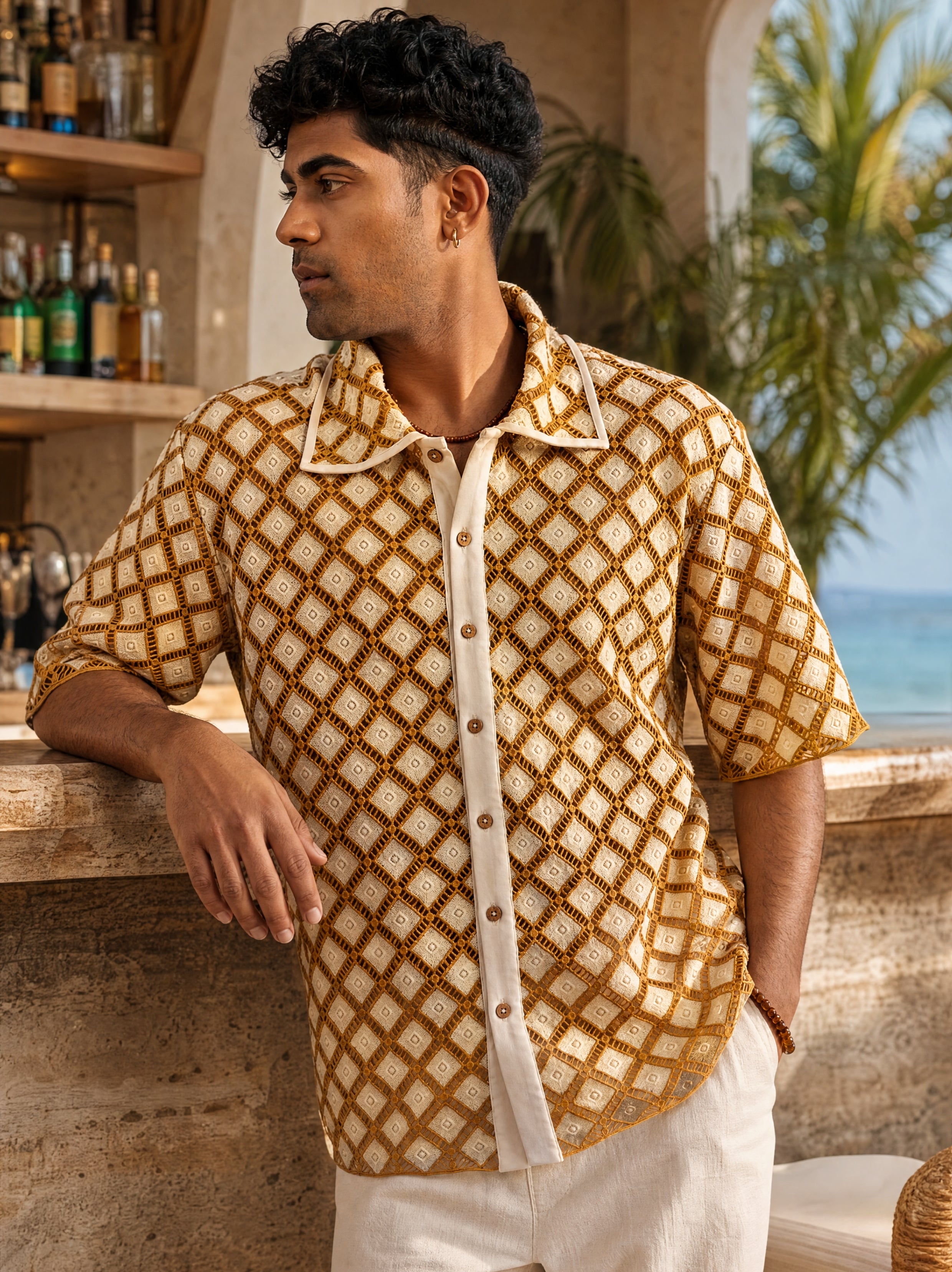 SOLANA LATTICE GUIPURE SHIRT - DUNE GOLD