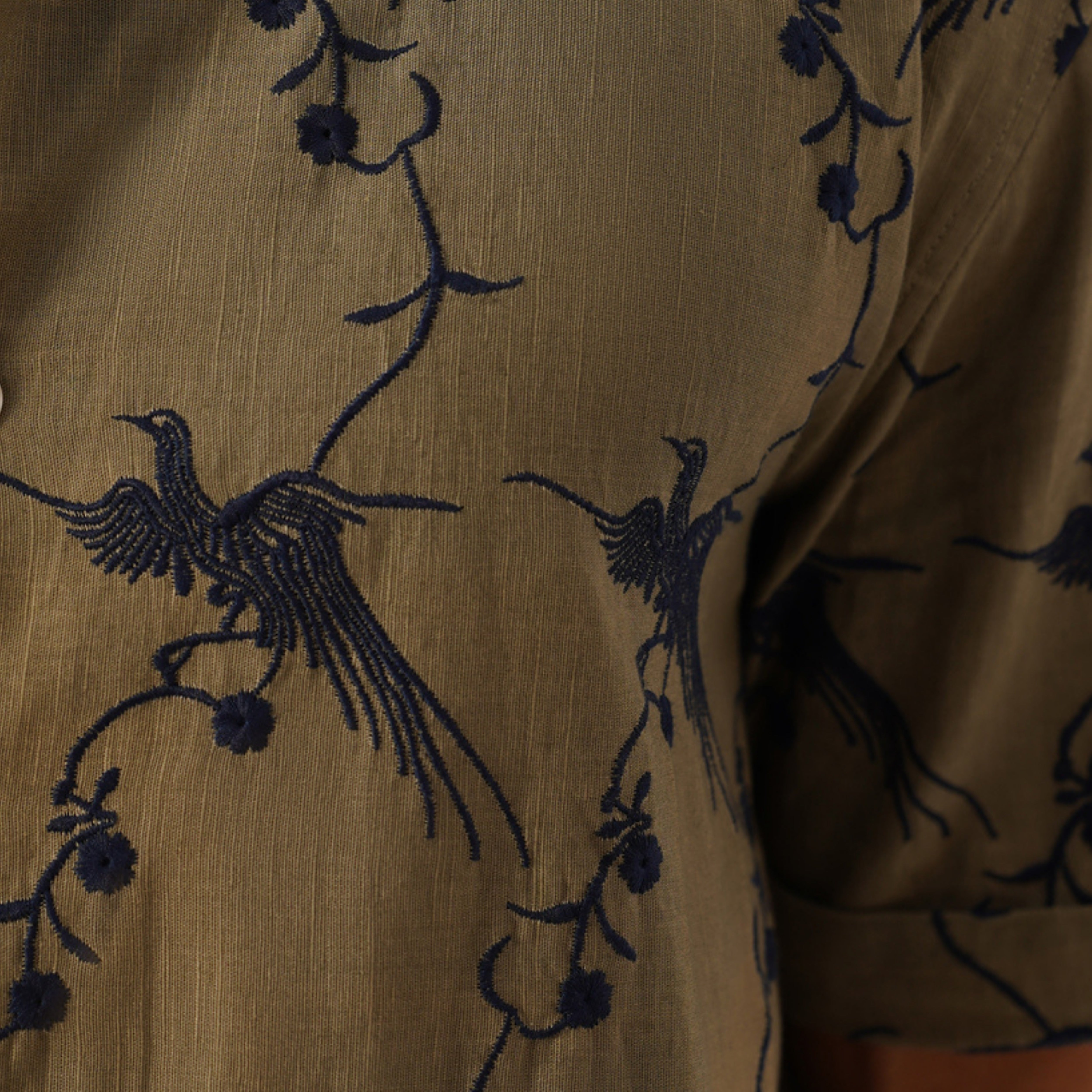 Plume & Bloom Cotton Linen Shirt (Navy Blue With Ivory Embroidery)