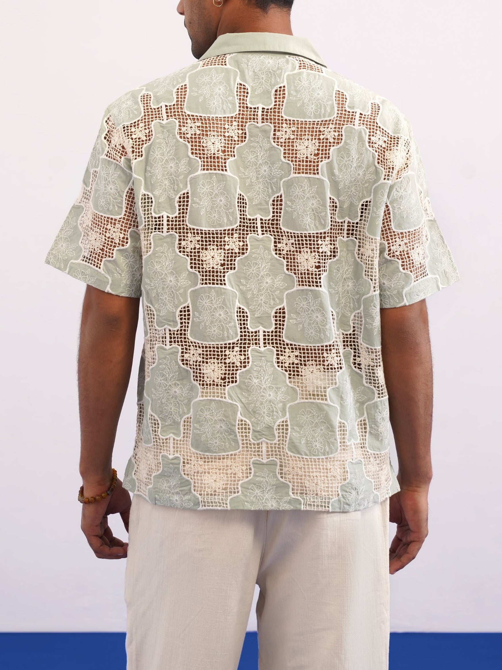 TRELLIS BLOOM COTTON CUTWORK SHIRT - SEA SAGE