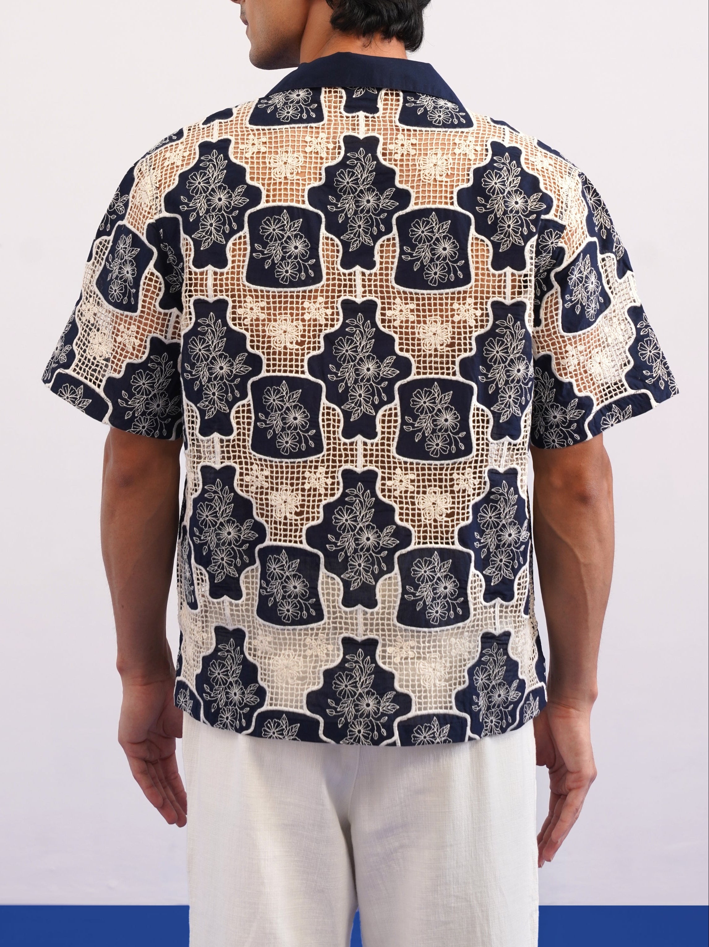 TRELLIS BLOOM COTTON CUTWORK SHIRT - MIDNIGHT NAVY
