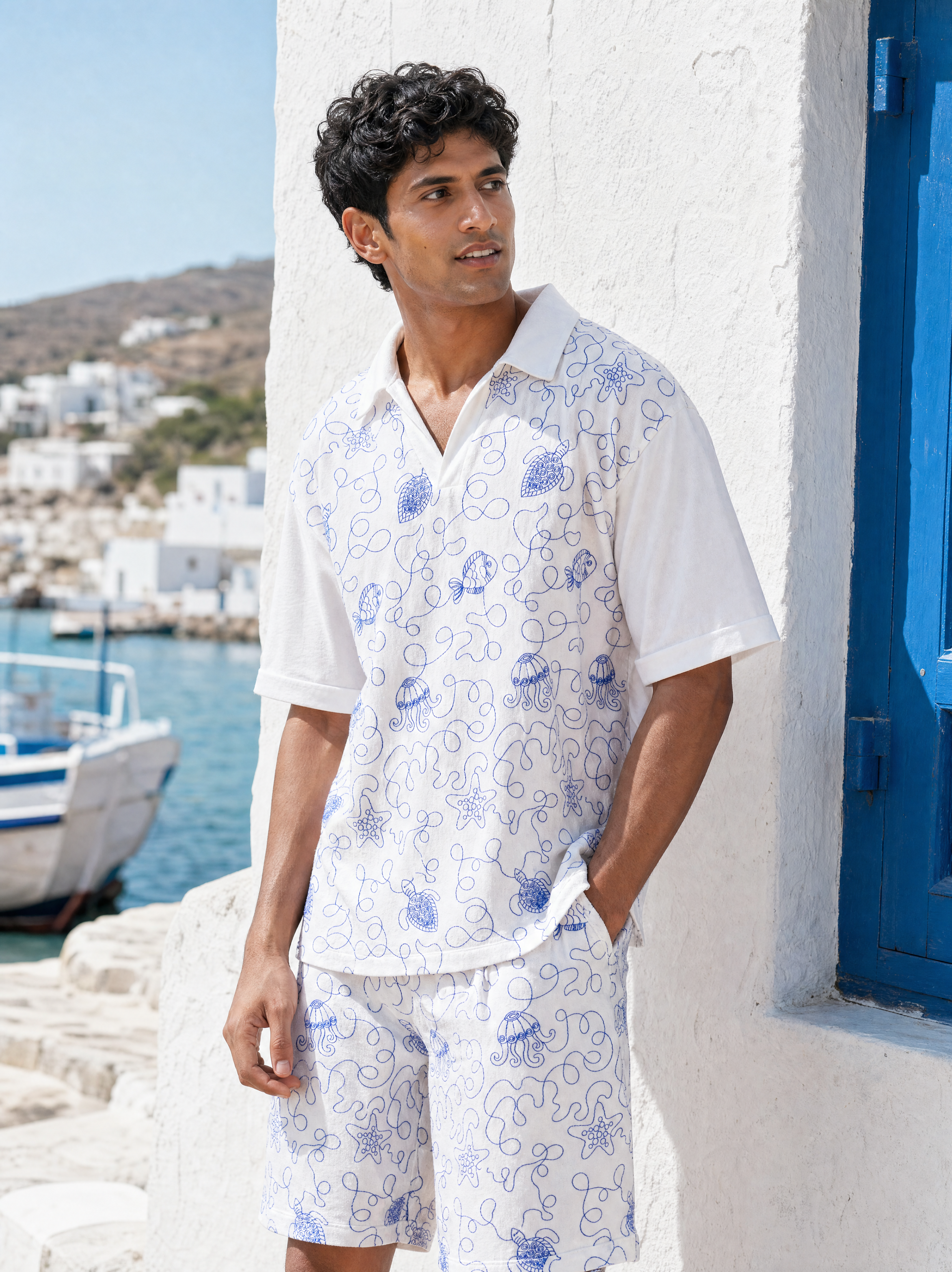 Reef Rider Cotton Knit Co-ord Set (White with Blue Embroidery)