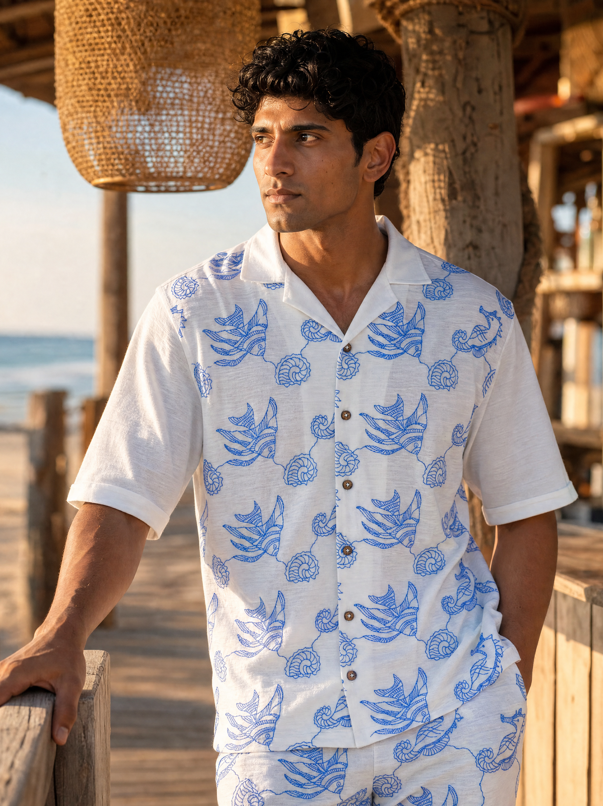 Tidal Tales Cotton Slub Knit Shirt (White)