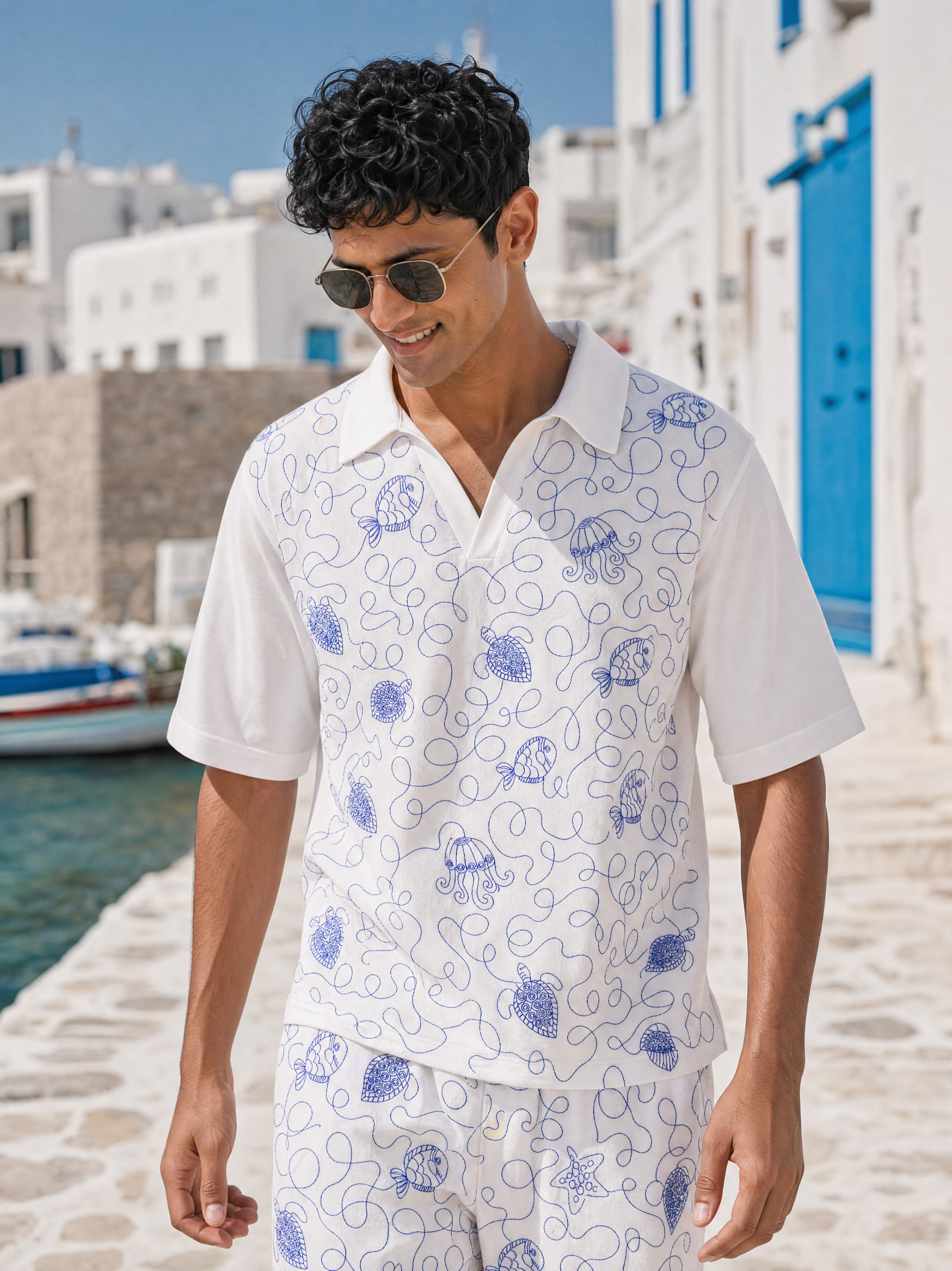 Reef Rider Cotton Knit Co-ord Set (White with Blue Embroidery)