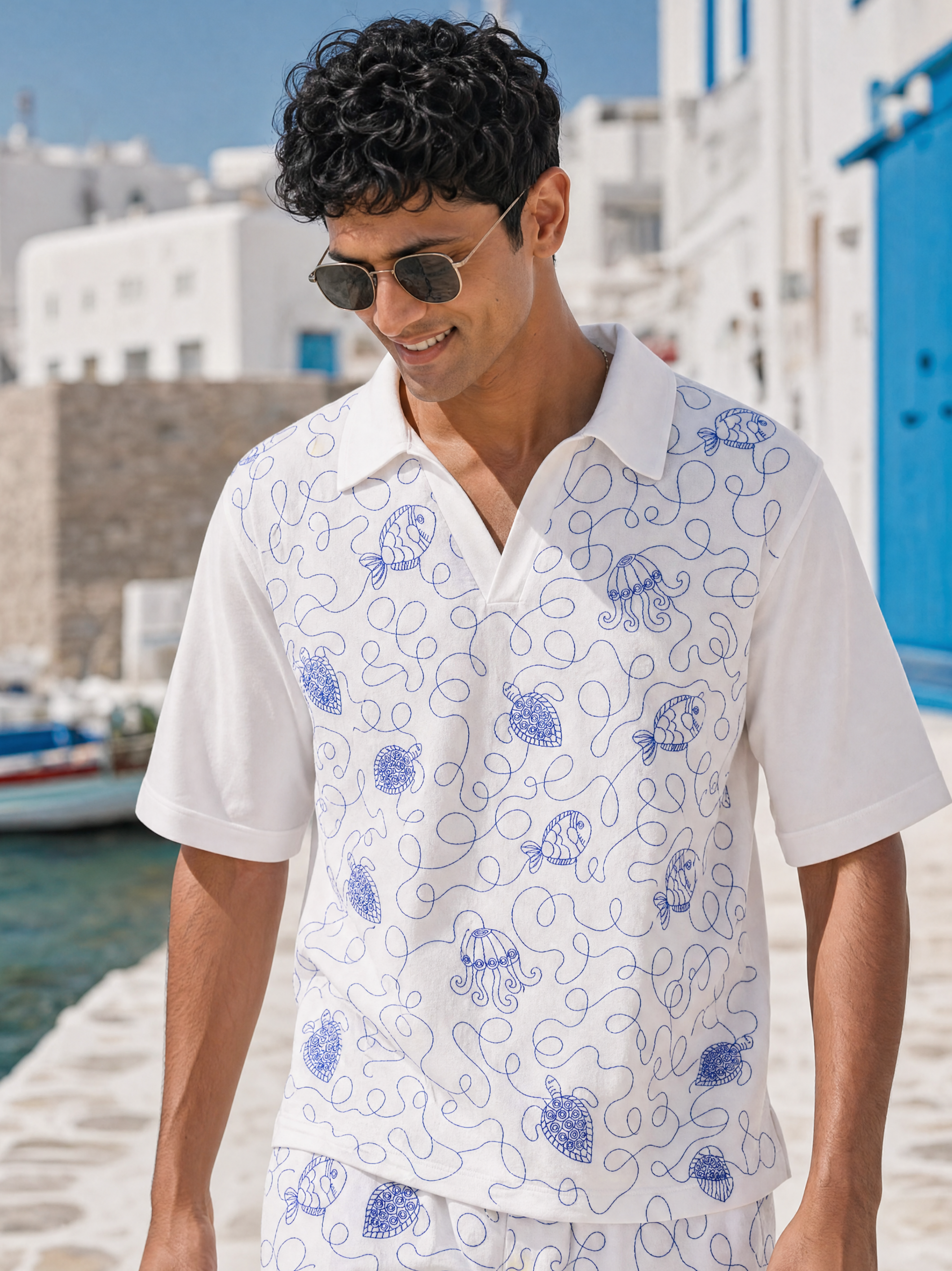 Reef Rider Cotton Knit T-Shirt (White with Blue Embroidery)