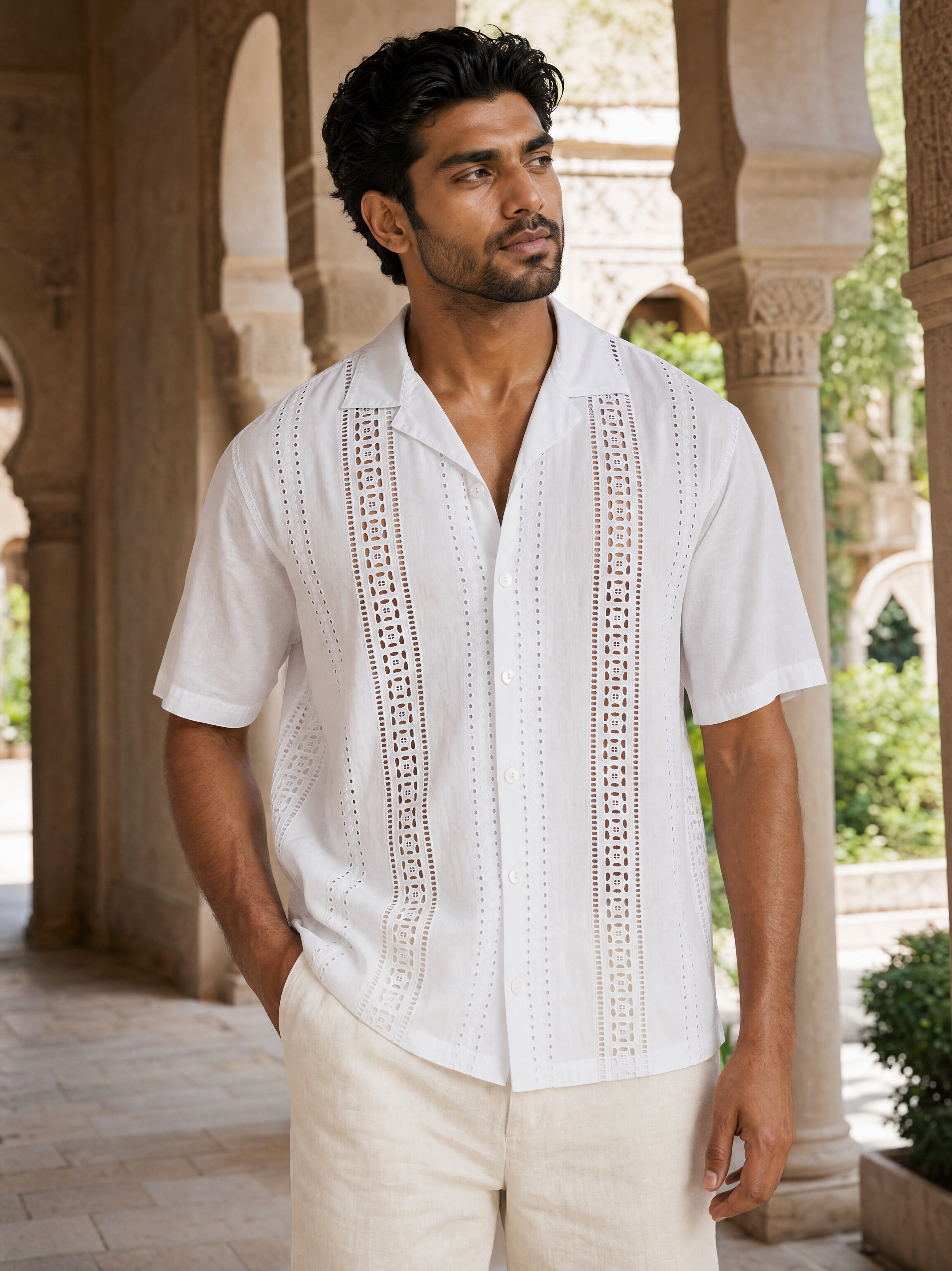 Coastal Lattice 100 % Cotton Shirt (White)