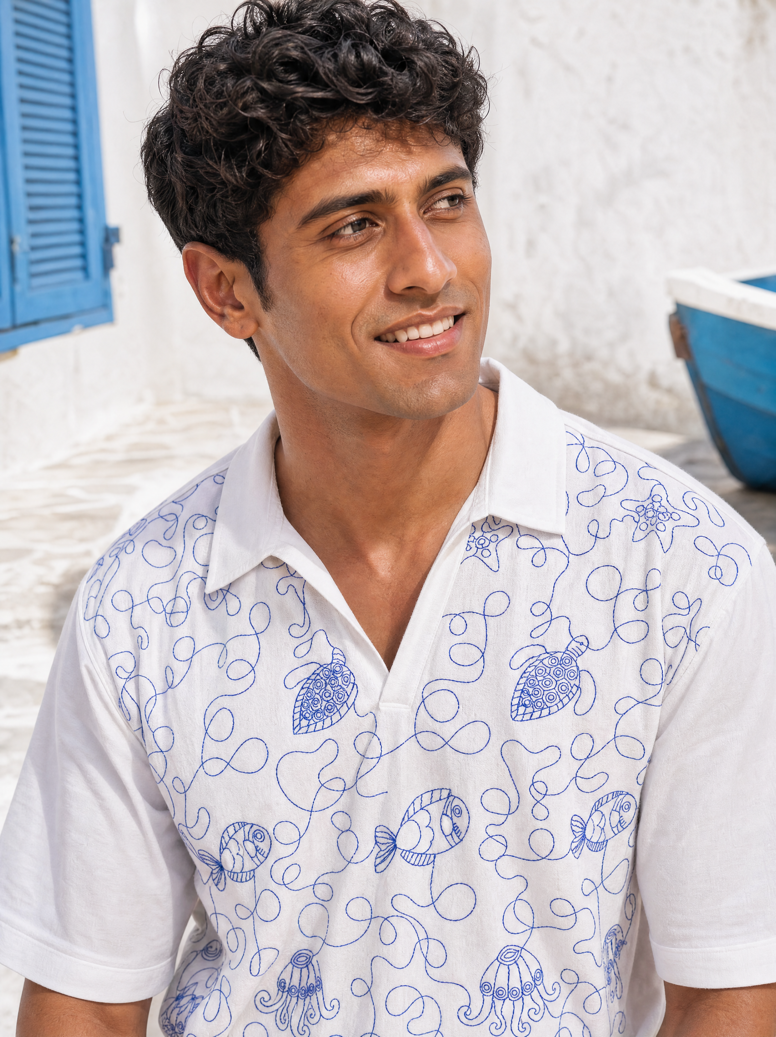 Reef Rider Cotton Knit T-Shirt (White with Blue Embroidery)