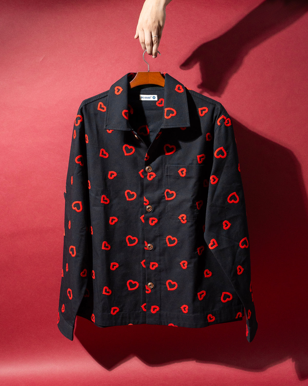 Winter Hearts Oversized Shacket (Black with Red Hearts Embroidery)